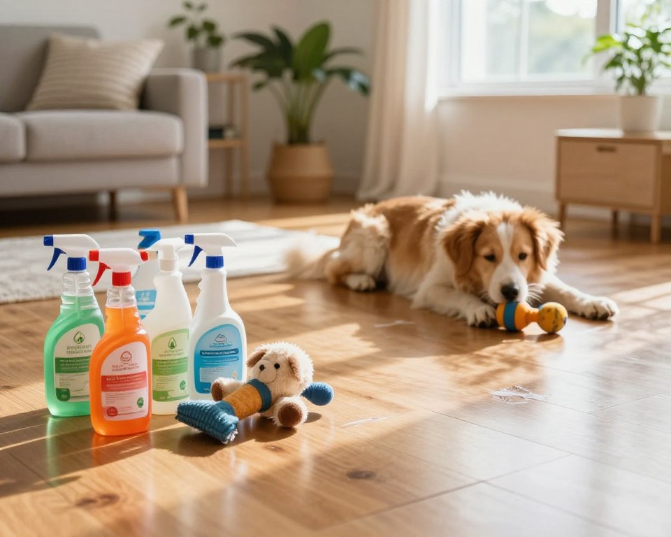 A serene living space featuring pet-friendly floor cleaning products displayed prominently on a shiny hardwood floor. In the foreground, a colorful array of eco-friendly cleaning bottles with labels indicating their pet-safe qualities, alongside a soft, playful dog toy. In the middle ground, a furry dog happily lays on the floor, interacting with the toys, with a recent cleaning trace visible but discreet. The background showcases a well-lit, cozy home environment with houseplants and sunlight streaming in through a window, casting gentle rays. The atmosphere is warm and inviting, promoting a sense of safety and comfort for pets. Use natural lighting to emphasize the cleanliness and shine of the floor, captured from a slightly elevated angle. A serene living space featuring pet-friendly floor cleaning products displayed prominently on a shiny hardwood floor. In the foreground, a colorful array of eco-friendly cleaning bottles with labels indicating their pet-safe qualities, alongside a soft, playful dog toy. In the middle ground, a furry dog happily lays on the floor, interacting with the toys, with a recent cleaning trace visible but discreet. The background showcases a well-lit, cozy home environment with houseplants and sunlight streaming in through a window, casting gentle rays. The atmosphere is warm and inviting, promoting a sense of safety and comfort for pets. Use natural lighting to emphasize the cleanliness and shine of the floor, captured from a slightly elevated angle.