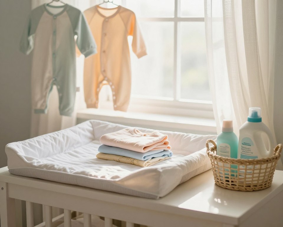 A serene nursery scene featuring a cozy and well-organized changing table in the foreground, adorned with neatly folded infant clothing in soft pastels. In the middle ground, a gentle, warm light streams through a window, casting a soft glow on the clothing, highlighting their textures and colors. A small basket filled with baby-safe detergents and fragrance-free fabric softeners sits beside the changing table, emphasizing the importance of caring for new baby clothes. The background showcases light, airy curtains fluttering slightly, enhancing the tranquil atmosphere. The focus is on the idea of freshness and cleanliness, creating a calm and inviting mood that underscores the theme of baby clothing care.