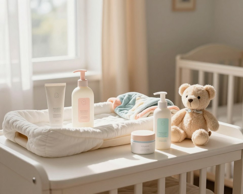 A serene, sunlit nursery setting focused on newborn skincare essentials. In the foreground, a soft cotton changing table topped with gentle, fragrance-free baby lotions and creams, neatly arranged with pastel-colored labels. A plush toy, symbolizing comfort, is placed beside the products. In the middle layer, a cozy, colorful blanket is softly draped, evoking a nurturing atmosphere. In the background, a window with sheer curtains allowing warm, natural light to flood the room, casting gentle shadows. The overall mood is calming and reassuring, designed for parents seeking safe products for their newborns. The image captures the essence of a safe environment, emphasizing skincare and comfort. No text or watermarks present. A serene, sunlit nursery setting focused on newborn skincare essentials. In the foreground, a soft cotton changing table topped with gentle, fragrance-free baby lotions and creams, neatly arranged with pastel-colored labels. A plush toy, symbolizing comfort, is placed beside the products. In the middle layer, a cozy, colorful blanket is softly draped, evoking a nurturing atmosphere. In the background, a window with sheer curtains allowing warm, natural light to flood the room, casting gentle shadows. The overall mood is calming and reassuring, designed for parents seeking safe products for their newborns. The image captures the essence of a safe environment, emphasizing skincare and comfort. No text or watermarks present.