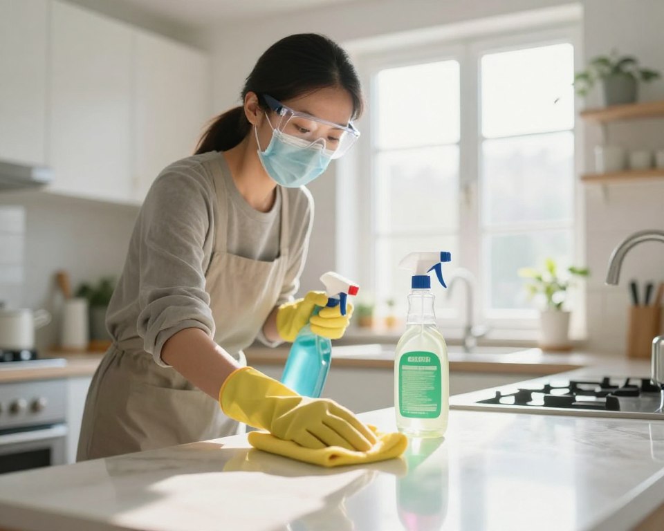 A serene, well-lit indoor environment featuring a professional cleaner in modest casual clothing, wearing a mask and safety goggles while diligently using eco-friendly cleaning products. The foreground shows the cleaner carefully wiping down a surface, with gentle, colorful reflections of the cleaning products on the surfaces. In the middle ground, a bottle of natural cleaning solution is prominently placed, indicating safe cleaning practices. The background displays a bright kitchen with open windows allowing fresh air to flow, enhancing the sense of safety. Soft, natural light floods the room, creating a calm atmosphere, contrasting with a hazy overlay suggesting respiratory irritation. Overall, the image captures mindfulness in cleaning while emphasizing the importance of minimizing fume inhalation. A serene, well-lit indoor environment featuring a professional cleaner in modest casual clothing, wearing a mask and safety goggles while diligently using eco-friendly cleaning products. The foreground shows the cleaner carefully wiping down a surface, with gentle, colorful reflections of the cleaning products on the surfaces. In the middle ground, a bottle of natural cleaning solution is prominently placed, indicating safe cleaning practices. The background displays a bright kitchen with open windows allowing fresh air to flow, enhancing the sense of safety. Soft, natural light floods the room, creating a calm atmosphere, contrasting with a hazy overlay suggesting respiratory irritation. Overall, the image captures mindfulness in cleaning while emphasizing the importance of minimizing fume inhalation.