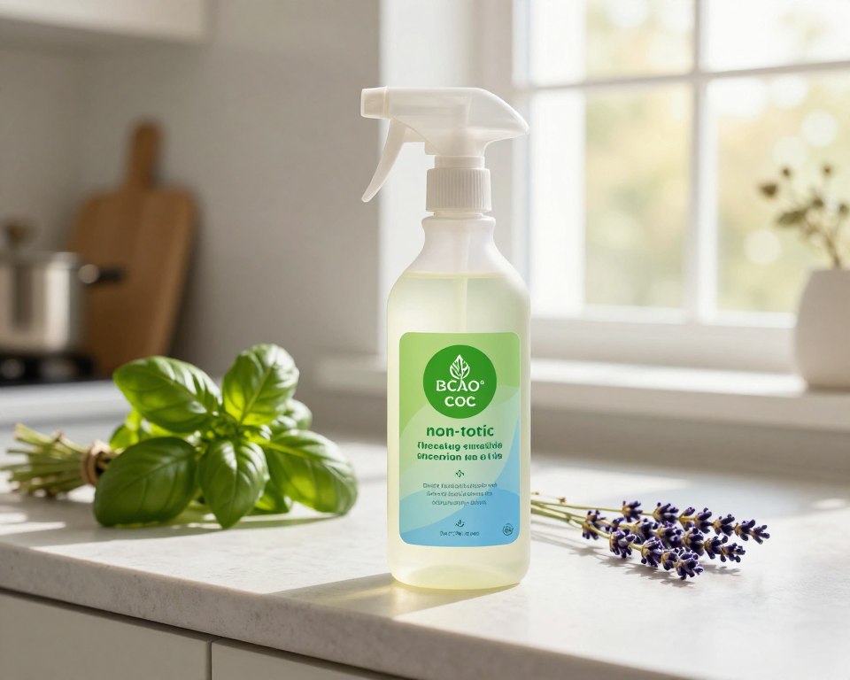 A sleek and modern non-toxic cleaner bottle sits prominently in the foreground, showcasing its eco-friendly design with a label featuring bright greens and soft blues, hinting at natural ingredients. In the middle ground, a clean kitchen countertop is adorned with fresh herbs like basil and lavender, suggesting a connection to nature. The background features a sunlit window with sheer curtains, casting warm, natural light across the scene, creating a fresh and inviting atmosphere. The angle is slightly tilted, enhancing the dynamic feel of the composition. Overall, the mood is one of cleanliness and sustainability, encapsulating the essence of non-toxic living without any text or distractions. A sleek and modern non-toxic cleaner bottle sits prominently in the foreground, showcasing its eco-friendly design with a label featuring bright greens and soft blues, hinting at natural ingredients. In the middle ground, a clean kitchen countertop is adorned with fresh herbs like basil and lavender, suggesting a connection to nature. The background features a sunlit window with sheer curtains, casting warm, natural light across the scene, creating a fresh and inviting atmosphere. The angle is slightly tilted, enhancing the dynamic feel of the composition. Overall, the mood is one of cleanliness and sustainability, encapsulating the essence of non-toxic living without any text or distractions.