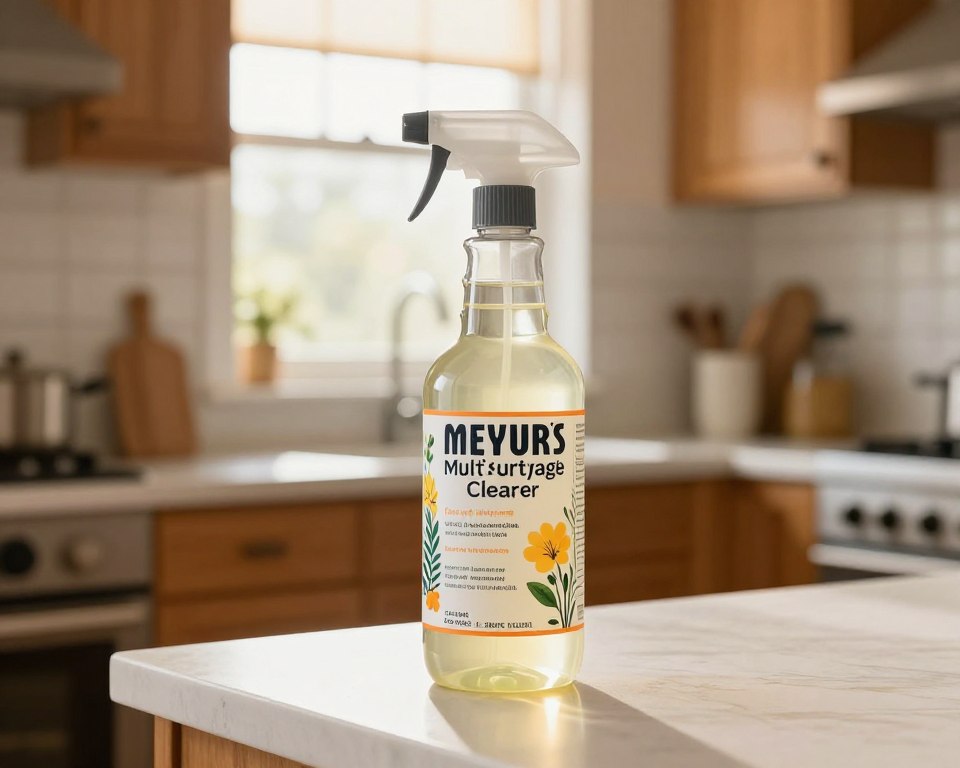 A sleek bottle of non-toxic cleaner, resembling Mrs. Meyer’s Multi-Surface Cleaner, prominently placed in the foreground. The bottle is elegantly designed, showcasing a vibrant label with natural floral motifs and a minimalist aesthetic. In the middle ground, a tidy kitchen scene with soft wood cabinets and a clean countertop, highlighting the contrast between natural cleaning products and traditional chemical cleaners. In the background, a sunlit window allows warm, golden light to filter through, creating a bright and inviting atmosphere. The lens is slightly angled to emphasize the bottle while capturing the essence of a clean, eco-friendly home. The overall mood is fresh, serene, and health-conscious, reflecting a safe, modern cleaning environment. A sleek bottle of non-toxic cleaner, resembling Mrs. Meyer’s Multi-Surface Cleaner, prominently placed in the foreground. The bottle is elegantly designed, showcasing a vibrant label with natural floral motifs and a minimalist aesthetic. In the middle ground, a tidy kitchen scene with soft wood cabinets and a clean countertop, highlighting the contrast between natural cleaning products and traditional chemical cleaners. In the background, a sunlit window allows warm, golden light to filter through, creating a bright and inviting atmosphere. The lens is slightly angled to emphasize the bottle while capturing the essence of a clean, eco-friendly home. The overall mood is fresh, serene, and health-conscious, reflecting a safe, modern cleaning environment.