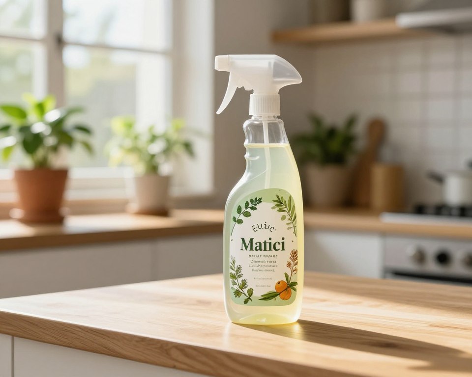 A sleek, eco-friendly cleaning product in a beautifully designed spray bottle sits prominently in the foreground, showcasing its organic label with natural colors and illustrations of herbs and plants. In the middle ground, a sunlit kitchen environment is depicted, featuring wooden countertops and potted indoor plants, emphasizing a fresh, vibrant, and clean ambiance. Light streams through a window, casting soft, warm shadows that highlight the cleanliness and tranquility of the space. The background includes subtle hints of modern appliances, reinforcing an eco-conscious, contemporary home. The overall atmosphere is inviting and uplifting, conveying a commitment to sustainability in household cleaning. A sleek, eco-friendly cleaning product in a beautifully designed spray bottle sits prominently in the foreground, showcasing its organic label with natural colors and illustrations of herbs and plants. In the middle ground, a sunlit kitchen environment is depicted, featuring wooden countertops and potted indoor plants, emphasizing a fresh, vibrant, and clean ambiance. Light streams through a window, casting soft, warm shadows that highlight the cleanliness and tranquility of the space. The background includes subtle hints of modern appliances, reinforcing an eco-conscious, contemporary home. The overall atmosphere is inviting and uplifting, conveying a commitment to sustainability in household cleaning.