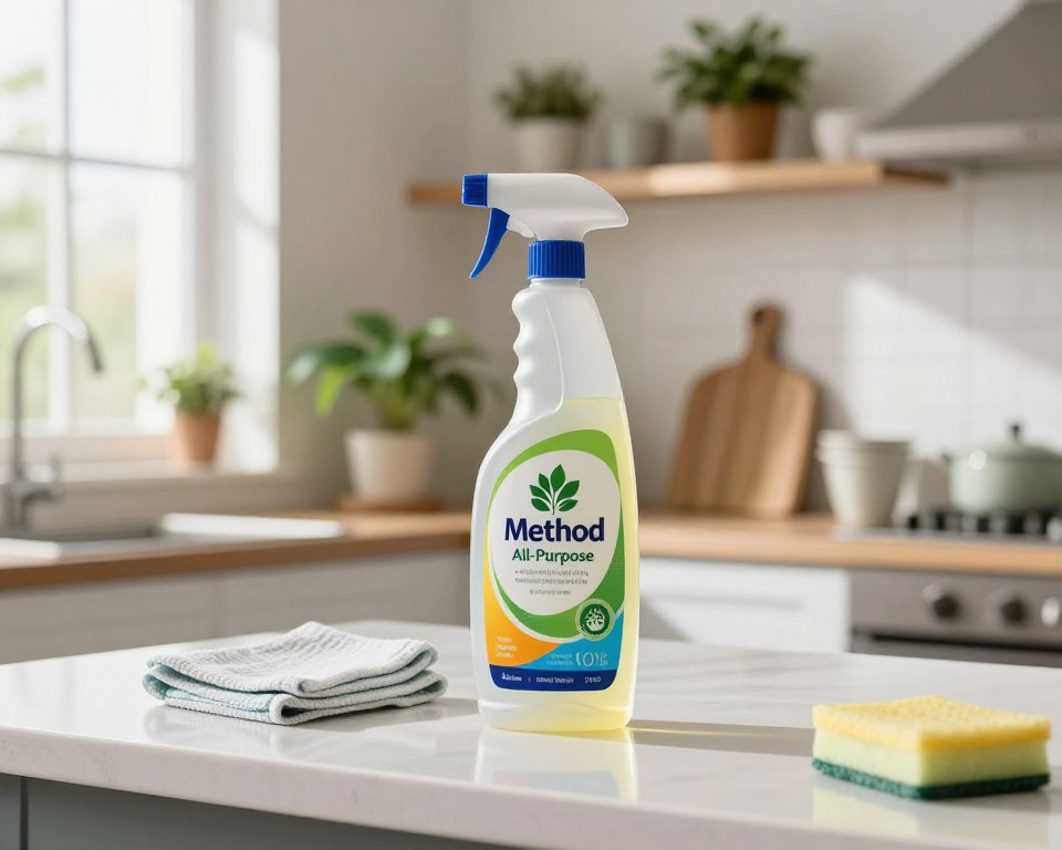 A sleek, modern bottle of Method All-Purpose Cleaner sits prominently on a pristine kitchen countertop. The foreground features the bottle, showcasing its distinctive label with vibrant colors that evoke an eco-friendly image. Surrounding the bottle are various cleaning tools like a microfiber cloth and a small potted plant, hinting at a natural aesthetic. In the middle ground, a clean, bright kitchen can be seen, with sunlight filtering through the window, creating a warm and inviting atmosphere. The background displays tasteful kitchen decor, such as wooden shelves with assorted plants and eco-friendly dishware. The lighting is soft and natural, accentuating the cleanliness and safety associated with the product, while maintaining a professional and polished feel. A sleek, modern bottle of Method All-Purpose Cleaner sits prominently on a pristine kitchen countertop. The foreground features the bottle, showcasing its distinctive label with vibrant colors that evoke an eco-friendly image. Surrounding the bottle are various cleaning tools like a microfiber cloth and a small potted plant, hinting at a natural aesthetic. In the middle ground, a clean, bright kitchen can be seen, with sunlight filtering through the window, creating a warm and inviting atmosphere. The background displays tasteful kitchen decor, such as wooden shelves with assorted plants and eco-friendly dishware. The lighting is soft and natural, accentuating the cleanliness and safety associated with the product, while maintaining a professional and polished feel.