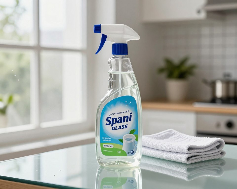 A sleek, modern glass cleaner bottle with a vibrant label featuring common ingredients like ammonia and isopropyl alcohol. The bottle is placed prominently in the foreground on a reflective glass surface, surrounded by sparkling clean windows that let in soft, natural light. In the middle ground, a microfiber cloth lies neatly folded, showcasing its textured surface. In the background, a softly blurred kitchen setting with minimalistic decor enhances the cleanliness theme, while hints of green plants add a fresh, inviting atmosphere. The lighting is bright and airy, creating a refreshing mood that emphasizes safety and effectiveness. The image captures the essence of cleaning and the clarity that a glass cleaner brings to surfaces. A sleek, modern glass cleaner bottle with a vibrant label featuring common ingredients like ammonia and isopropyl alcohol. The bottle is placed prominently in the foreground on a reflective glass surface, surrounded by sparkling clean windows that let in soft, natural light. In the middle ground, a microfiber cloth lies neatly folded, showcasing its textured surface. In the background, a softly blurred kitchen setting with minimalistic decor enhances the cleanliness theme, while hints of green plants add a fresh, inviting atmosphere. The lighting is bright and airy, creating a refreshing mood that emphasizes safety and effectiveness. The image captures the essence of cleaning and the clarity that a glass cleaner brings to surfaces.