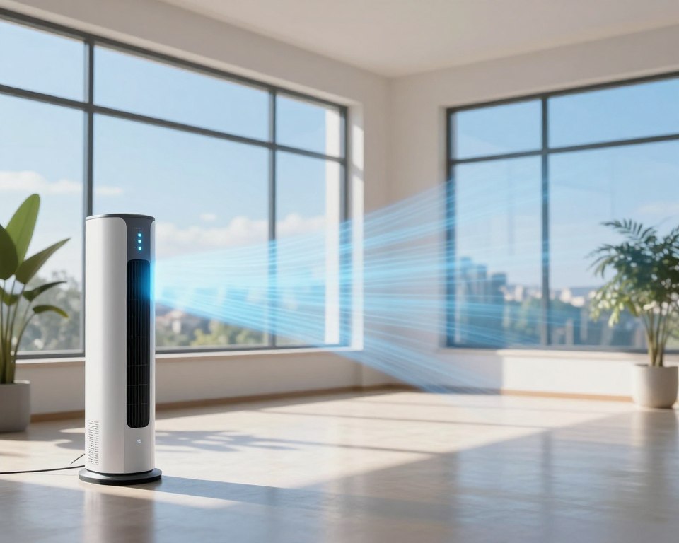A spacious, modern room with large windows and a clear view of blue sky, showcasing air circulation after cleaning. In the foreground, a sleek air purification unit with subtle glowing indicators. In the middle, animated air flow lines represented by soft, translucent blue waves moving through the space, emphasizing the freshness of cleaned air. The background features sun-drenched walls, clean and minimalistic décor, and houseplants that indicate an inviting atmosphere. Soft, natural lighting streams in, reflecting off shiny surfaces, creating a sense of cleanliness and comfort. The scene is peaceful yet dynamic, illustrating the effectiveness of mechanical ventilation and air purification systems. A spacious, modern room with large windows and a clear view of blue sky, showcasing air circulation after cleaning. In the foreground, a sleek air purification unit with subtle glowing indicators. In the middle, animated air flow lines represented by soft, translucent blue waves moving through the space, emphasizing the freshness of cleaned air. The background features sun-drenched walls, clean and minimalistic décor, and houseplants that indicate an inviting atmosphere. Soft, natural lighting streams in, reflecting off shiny surfaces, creating a sense of cleanliness and comfort. The scene is peaceful yet dynamic, illustrating the effectiveness of mechanical ventilation and air purification systems.