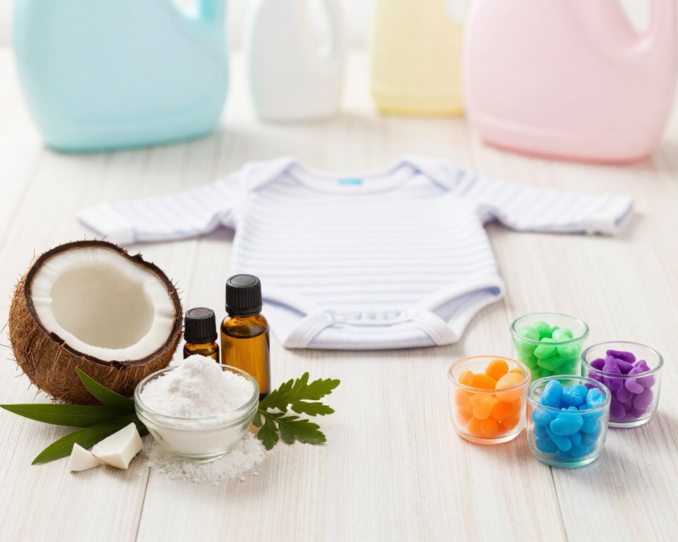 A split view image showcasing the contrast between natural and synthetic detergent ingredients for baby laundry. In the foreground, display an array of natural ingredients such as coconut oil, baking soda, essential oils, and plant extracts elegantly arranged on a light wooden surface. On the opposite side, feature synthetic ingredients like bright colored chemical compounds in small, glass containers. In the middle ground, place a delicate baby onesie gently draped, symbolizing the intended use of these detergents. The background should be soft and light, evoking a serene laundry room atmosphere with pastel colors. Use soft, diffused lighting to create a calming effect, and shoot from a slight overhead angle to capture both sides equally, emphasizing the natural versus synthetic theme without text or distracting elements. A split view image showcasing the contrast between natural and synthetic detergent ingredients for baby laundry. In the foreground, display an array of natural ingredients such as coconut oil, baking soda, essential oils, and plant extracts elegantly arranged on a light wooden surface. On the opposite side, feature synthetic ingredients like bright colored chemical compounds in small, glass containers. In the middle ground, place a delicate baby onesie gently draped, symbolizing the intended use of these detergents. The background should be soft and light, evoking a serene laundry room atmosphere with pastel colors. Use soft, diffused lighting to create a calming effect, and shoot from a slight overhead angle to capture both sides equally, emphasizing the natural versus synthetic theme without text or distracting elements.