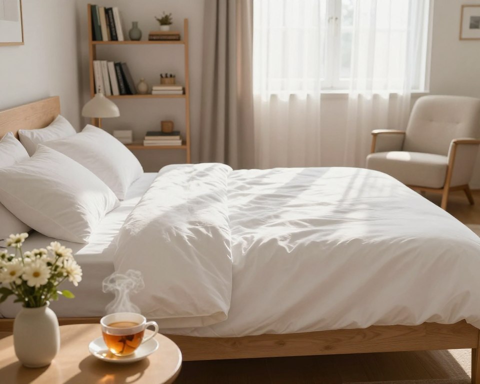 A tranquil, freshly cleaned bedroom scene, featuring a neatly made bed with crisp white linens and fluffy pillows. The foreground includes a bedside table with a small vase of fresh flowers and a gently steaming cup of herbal tea, suggesting relaxation. In the middle, the room is bathed in soft, warm natural light streaming through a window adorned with sheer curtains, casting delicate shadows on the floor. A comfortable armchair sits in one corner, inviting rest. In the background, shelves lined with neatly arranged books and decor show an organized space. The overall mood is calm and peaceful, encouraging a sense of waiting for the right moment to sleep, highlighting the importance of allowing the room to dry and air out after cleaning. The angle is slightly tilted, capturing the inviting elements in a cozy, welcoming ambiance. A tranquil, freshly cleaned bedroom scene, featuring a neatly made bed with crisp white linens and fluffy pillows. The foreground includes a bedside table with a small vase of fresh flowers and a gently steaming cup of herbal tea, suggesting relaxation. In the middle, the room is bathed in soft, warm natural light streaming through a window adorned with sheer curtains, casting delicate shadows on the floor. A comfortable armchair sits in one corner, inviting rest. In the background, shelves lined with neatly arranged books and decor show an organized space. The overall mood is calm and peaceful, encouraging a sense of waiting for the right moment to sleep, highlighting the importance of allowing the room to dry and air out after cleaning. The angle is slightly tilted, capturing the inviting elements in a cozy, welcoming ambiance.