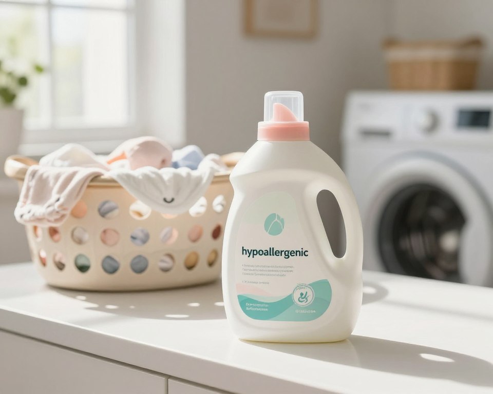 A tranquil household scene showcasing a bottle of hypoallergenic laundry detergent as the focal point, prominently displayed on a white laundry countertop. In the foreground, the sleek, modern packaging of the detergent, labeled “hypoallergenic” with soft pastel colors conveying freshness and safety. In the middle ground, a subtle wash basket filled with soft baby clothes, emphasizing the product's safety for newborns. The background features a bright, airy laundry room with natural sunlight streaming through a window, creating a warm and inviting atmosphere. The overall mood is calm and reassuring, with soft shadows and gentle highlights enhancing the cleanliness of the space. The image is captured with a slightly blurred depth of field to draw attention to the detergent while keeping the environment cozy and inviting. A tranquil household scene showcasing a bottle of hypoallergenic laundry detergent as the focal point, prominently displayed on a white laundry countertop. In the foreground, the sleek, modern packaging of the detergent, labeled “hypoallergenic” with soft pastel colors conveying freshness and safety. In the middle ground, a subtle wash basket filled with soft baby clothes, emphasizing the product's safety for newborns. The background features a bright, airy laundry room with natural sunlight streaming through a window, creating a warm and inviting atmosphere. The overall mood is calm and reassuring, with soft shadows and gentle highlights enhancing the cleanliness of the space. The image is captured with a slightly blurred depth of field to draw attention to the detergent while keeping the environment cozy and inviting.