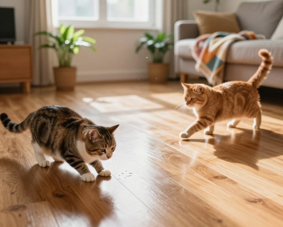 A tranquil living room scene featuring several playful cats roaming on a freshly cleaned, glossy wooden floor. In the foreground, a fluffy tabby cat pauses to inspect a shiny spot on the floor, while a curious ginger cat stretches and playfully bats at a dust mote floating in the sunlight. In the middle, the sparkling clean floor reflects the soft glow of natural light streaming in from a nearby window, enhancing the inviting atmosphere. In the background, houseplants add a touch of green, and a cozy sofa is visible with a colorful throw blanket draped over it. The overall mood is serene and comforting, with gentle sunlight illuminating the space, suggesting a safe and clean environment for the cats. The scene should convey an understanding of the potential risks associated with floor cleaning chemicals in a calm, reassuring manner. A tranquil living room scene featuring several playful cats roaming on a freshly cleaned, glossy wooden floor. In the foreground, a fluffy tabby cat pauses to inspect a shiny spot on the floor, while a curious ginger cat stretches and playfully bats at a dust mote floating in the sunlight. In the middle, the sparkling clean floor reflects the soft glow of natural light streaming in from a nearby window, enhancing the inviting atmosphere. In the background, houseplants add a touch of green, and a cozy sofa is visible with a colorful throw blanket draped over it. The overall mood is serene and comforting, with gentle sunlight illuminating the space, suggesting a safe and clean environment for the cats. The scene should convey an understanding of the potential risks associated with floor cleaning chemicals in a calm, reassuring manner.