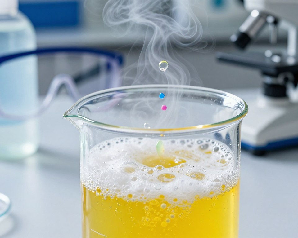 A vibrant and intense scene illustrating the chemical reaction between bleach and dish soap in a laboratory setting. In the foreground, a clear glass beaker filled with a bright, bubbling mixture showcases rich colors—bright yellow and frothy white foam. The middle of the scene features a detailed view of the reaction process, with wisps of steam rising up and colorful bubbles bursting. In the background, laboratory equipment like safety goggles and gloves are present, highlighting a sterile environment. The lighting is bright and focused, emphasizing the reaction's vivid colors, creating a sense of excitement and curiosity. The angle is slightly elevated, providing a dynamic view of the reaction while maintaining a professional and safe atmosphere. A vibrant and intense scene illustrating the chemical reaction between bleach and dish soap in a laboratory setting. In the foreground, a clear glass beaker filled with a bright, bubbling mixture showcases rich colors—bright yellow and frothy white foam. The middle of the scene features a detailed view of the reaction process, with wisps of steam rising up and colorful bubbles bursting. In the background, laboratory equipment like safety goggles and gloves are present, highlighting a sterile environment. The lighting is bright and focused, emphasizing the reaction's vivid colors, creating a sense of excitement and curiosity. The angle is slightly elevated, providing a dynamic view of the reaction while maintaining a professional and safe atmosphere.