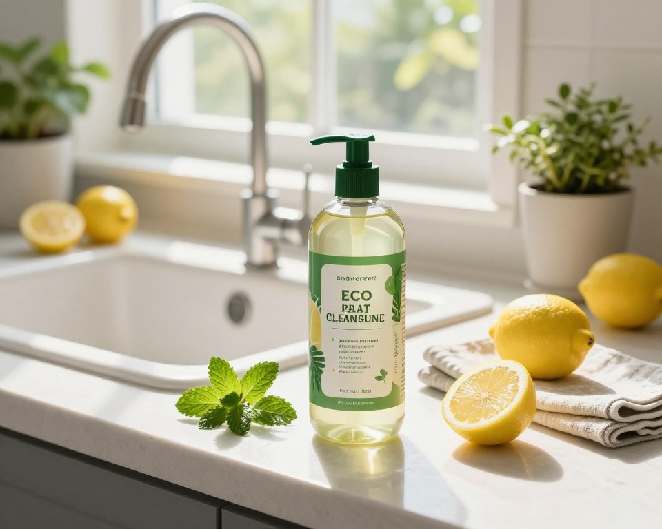 A vibrant and inviting kitchen countertop scene featuring an eco-friendly cleaning solution bottle, prominently labeled with natural, plant-based ingredients. In the foreground, the bottle, styled with green and earthy tones, is surrounded by fresh lemons, sprigs of mint, and reusable cleaning cloths. The middle ground showcases a sleek, clean sink with sunlight streaming through a large window, highlighting the bright and airy atmosphere. In the background, soft greenery from potted plants can be seen, reinforcing the eco-friendly theme. The lighting is warm and natural, creating a refreshing and calming mood. The angle should be slightly elevated, providing a clear view of all elements while emphasizing the sustainability message of the cleaning solution. A vibrant and inviting kitchen countertop scene featuring an eco-friendly cleaning solution bottle, prominently labeled with natural, plant-based ingredients. In the foreground, the bottle, styled with green and earthy tones, is surrounded by fresh lemons, sprigs of mint, and reusable cleaning cloths. The middle ground showcases a sleek, clean sink with sunlight streaming through a large window, highlighting the bright and airy atmosphere. In the background, soft greenery from potted plants can be seen, reinforcing the eco-friendly theme. The lighting is warm and natural, creating a refreshing and calming mood. The angle should be slightly elevated, providing a clear view of all elements while emphasizing the sustainability message of the cleaning solution.