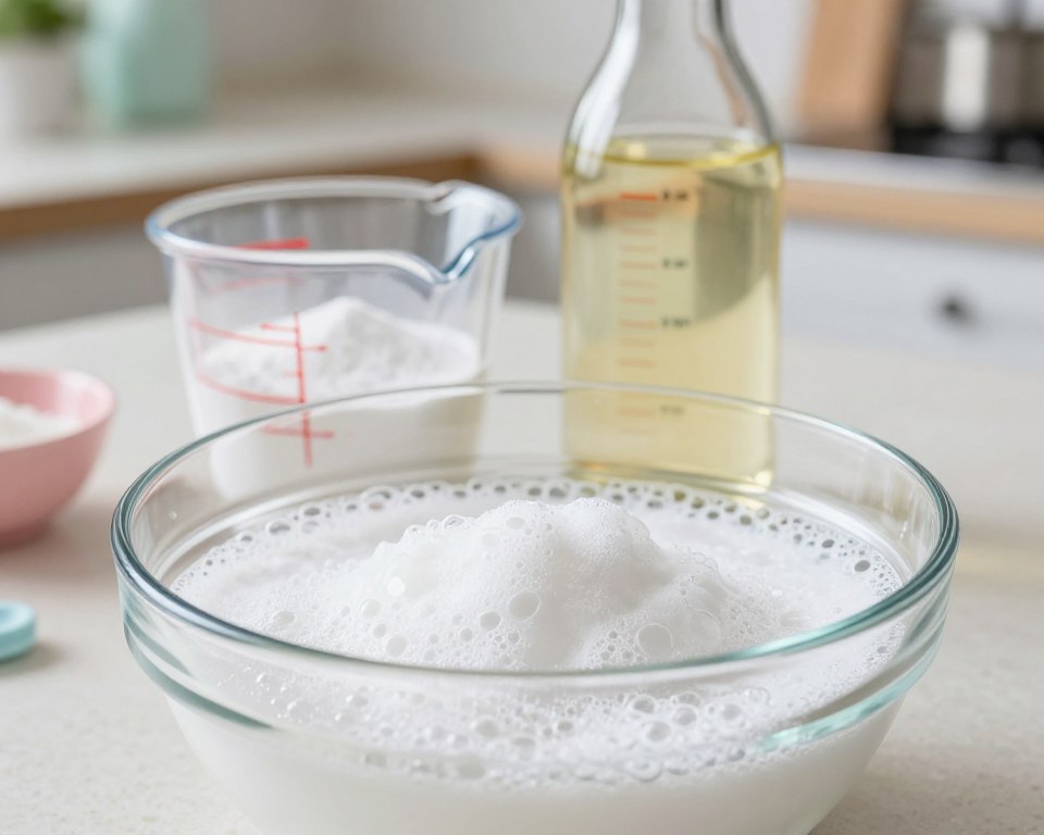A vibrant close-up of a chemical reaction between baking soda and vinegar in a clear glass bowl. In the foreground, show the bubbling and fizzing mixture, with white foam rising rapidly as it mixes. The middle layer should include a measuring cup with baking soda and a bottle of vinegar, both prominently displayed. The background features a softly blurred kitchen counter, with pastel-colored ingredients and utensils, evoking a sense of a light, domestic environment. Use natural soft lighting to enhance the clarity of the chemical reaction, emphasizing the texture of the bubbles. Capture the mood of curiosity and excitement in a safe, educational context, illustrating the fascinating interaction at play.