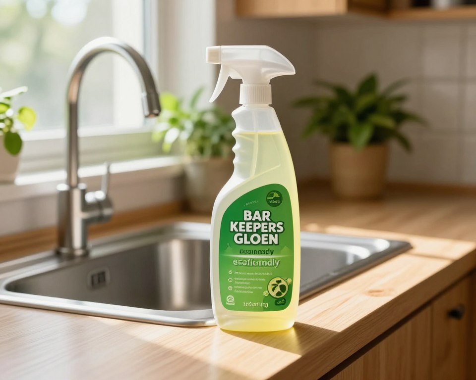 A vibrant kitchen scene showcasing a bottle of Bar Keepers Friend eco-friendly cleaner prominently in the foreground. The bottle is made from recycled materials, featuring a green label that emphasizes its eco-friendly properties. In the middle ground, a shiny stainless steel sink reflects natural lighting from a nearby window, surrounded by fresh green plants that represent a sustainable environment. The background consists of soft, warm wooden cabinets and a sunlit countertop, creating a clean and inviting atmosphere. The overall mood is fresh and safe, highlighting a commitment to both effective cleaning and environmental responsibility. Use soft, diffused lighting to emphasize the cleanliness and eco-friendly nature of the product. A vibrant kitchen scene showcasing a bottle of Bar Keepers Friend eco-friendly cleaner prominently in the foreground. The bottle is made from recycled materials, featuring a green label that emphasizes its eco-friendly properties. In the middle ground, a shiny stainless steel sink reflects natural lighting from a nearby window, surrounded by fresh green plants that represent a sustainable environment. The background consists of soft, warm wooden cabinets and a sunlit countertop, creating a clean and inviting atmosphere. The overall mood is fresh and safe, highlighting a commitment to both effective cleaning and environmental responsibility. Use soft, diffused lighting to emphasize the cleanliness and eco-friendly nature of the product.
