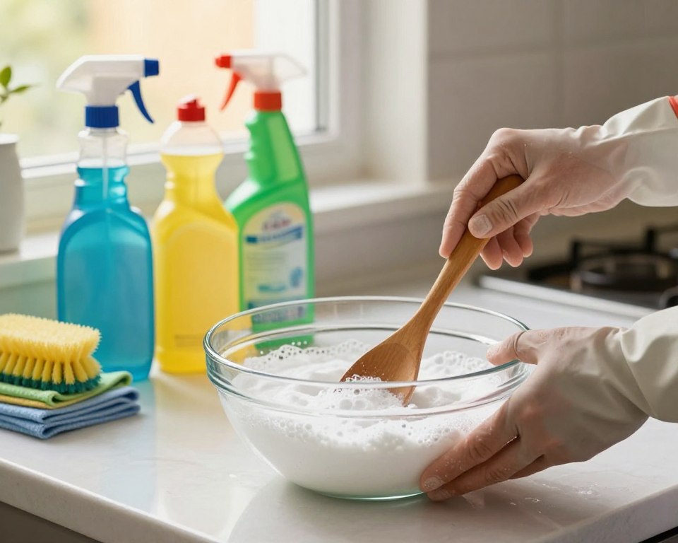 A vibrant kitchen scene showcasing a clear glass bowl filled with bubbling baking soda and vinegar mixture on a clean countertop. In the foreground, a pair of hands in modest, casual gloves gently stirring the mixture with a wooden spoon, emphasizing the action of the cleaning process. The middle layer features a collection of colorful cleaning supplies arranged neatly, including a spray bottle, scrub brush, and cloths, highlighting the theme of household cleaning. In the background, sunlit windows bring in warm, natural light, creating a bright and inviting atmosphere. The image conveys a sense of curiosity and safety, encouraging viewers to explore the cleaning properties of these common household ingredients. Use a soft focus with warm lighting to enhance the friendly and informative mood. A vibrant kitchen scene showcasing a clear glass bowl filled with bubbling baking soda and vinegar mixture on a clean countertop. In the foreground, a pair of hands in modest, casual gloves gently stirring the mixture with a wooden spoon, emphasizing the action of the cleaning process. The middle layer features a collection of colorful cleaning supplies arranged neatly, including a spray bottle, scrub brush, and cloths, highlighting the theme of household cleaning. In the background, sunlit windows bring in warm, natural light, creating a bright and inviting atmosphere. The image conveys a sense of curiosity and safety, encouraging viewers to explore the cleaning properties of these common household ingredients. Use a soft focus with warm lighting to enhance the friendly and informative mood.