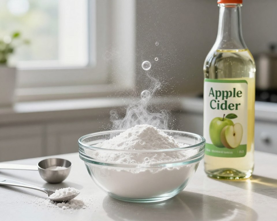 A vibrant kitchen scene showcasing the dynamic reaction between baking soda and vinegar. In the foreground, a clear glass bowl filled with white baking soda sits next to a bottle of apple cider vinegar, highlighted by bubbles and fizz rising dramatically. The middle ground features a kitchen countertop with measuring spoons and a small spoon with spilled baking soda for added context. In the background, soft natural light filters through a window, illuminating the scene and enhancing the cleanliness atmosphere. Use a close-up angle to emphasize the bubbling reaction, capturing the essence of the chemistry behind the fizz. The mood is bright and engaging, reflecting the safe and effective cleaning properties of these common household ingredients. A vibrant kitchen scene showcasing the dynamic reaction between baking soda and vinegar. In the foreground, a clear glass bowl filled with white baking soda sits next to a bottle of apple cider vinegar, highlighted by bubbles and fizz rising dramatically. The middle ground features a kitchen countertop with measuring spoons and a small spoon with spilled baking soda for added context. In the background, soft natural light filters through a window, illuminating the scene and enhancing the cleanliness atmosphere. Use a close-up angle to emphasize the bubbling reaction, capturing the essence of the chemistry behind the fizz. The mood is bright and engaging, reflecting the safe and effective cleaning properties of these common household ingredients.