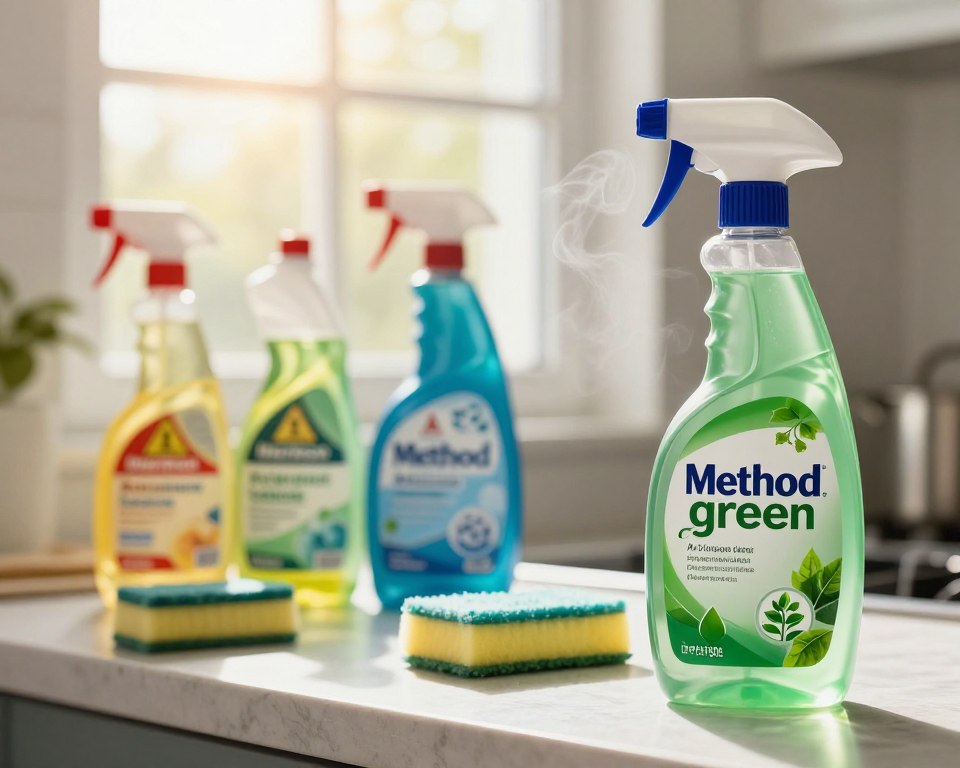 A vibrant kitchen setting featuring a sleek bottle of Method All-Purpose Cleaner prominently in the foreground, adorned with green leaves and eco-friendly symbols, representing its "green" branding. In the middle, a contrasting chaotic scene of traditional, harsh cleaning products with warning labels, emitting faint fumes, suggesting harmful impacts. The background highlights a sunny window, casting warm light onto the scene, evoking a sense of cleanliness and freshness. The mood should be thought-provoking yet serene, encouraging the viewer to reflect on the implications of greenwashing in household products. Use a soft focus effect on the traditional cleaners to add depth, while keeping the Method cleaner sharply in focus. A vibrant kitchen setting featuring a sleek bottle of Method All-Purpose Cleaner prominently in the foreground, adorned with green leaves and eco-friendly symbols, representing its "green" branding. In the middle, a contrasting chaotic scene of traditional, harsh cleaning products with warning labels, emitting faint fumes, suggesting harmful impacts. The background highlights a sunny window, casting warm light onto the scene, evoking a sense of cleanliness and freshness. The mood should be thought-provoking yet serene, encouraging the viewer to reflect on the implications of greenwashing in household products. Use a soft focus effect on the traditional cleaners to add depth, while keeping the Method cleaner sharply in focus.