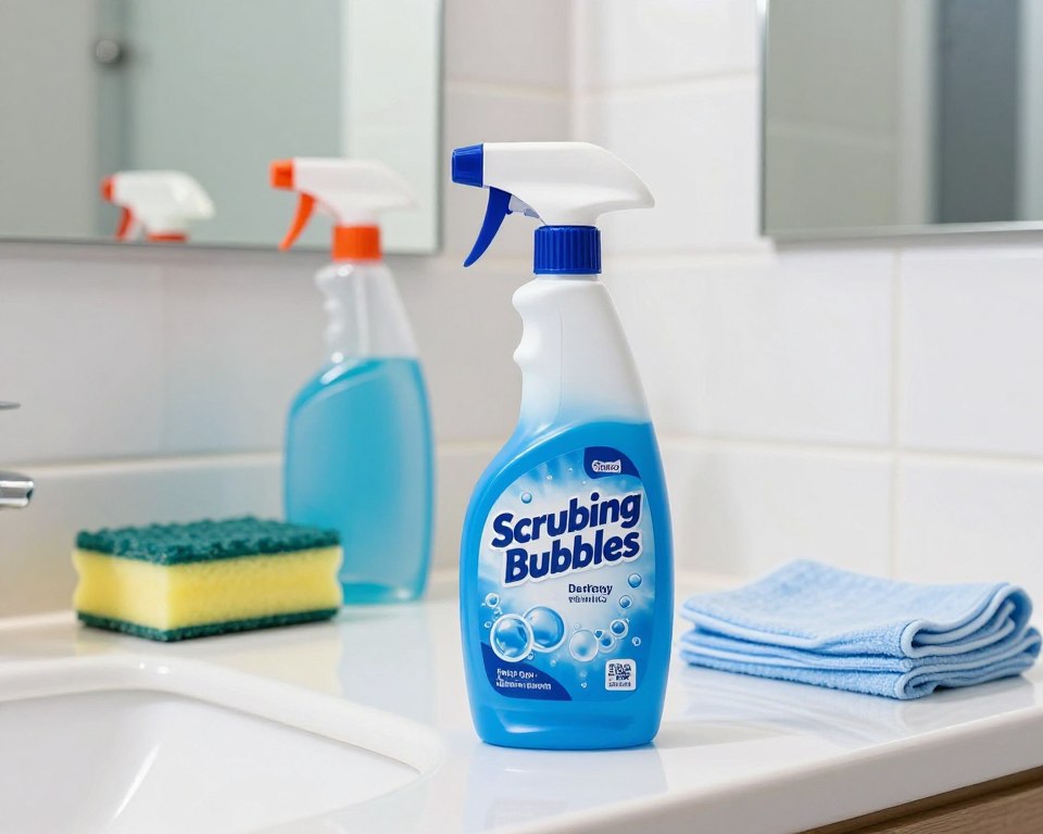 A vibrant, well-organized bathroom scene featuring Scrubbing Bubbles Cleaner prominently displayed in the foreground. The cleaner bottle is bright blue and white, showcasing its label with recognizable bubbles and a clean design. In the middle ground, there are common bathroom cleaning supplies, like sponges and cloths, neatly arranged on a countertop. Soft natural lighting illuminates the space, creating a fresh and inviting atmosphere, while subtle reflections in a mirror in the background enhance depth. The bathroom tiles are gleaming, showcasing a clean surface, capturing the essence of cleanliness. The overall mood is bright and organized, emphasizing a safe, efficient cleaning environment without any clutter or distractions. A vibrant, well-organized bathroom scene featuring Scrubbing Bubbles Cleaner prominently displayed in the foreground. The cleaner bottle is bright blue and white, showcasing its label with recognizable bubbles and a clean design. In the middle ground, there are common bathroom cleaning supplies, like sponges and cloths, neatly arranged on a countertop. Soft natural lighting illuminates the space, creating a fresh and inviting atmosphere, while subtle reflections in a mirror in the background enhance depth. The bathroom tiles are gleaming, showcasing a clean surface, capturing the essence of cleanliness. The overall mood is bright and organized, emphasizing a safe, efficient cleaning environment without any clutter or distractions.