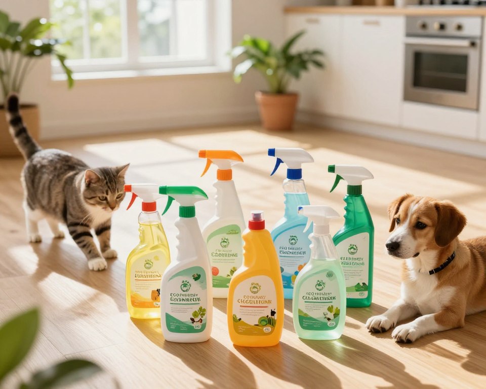 A visually appealing arrangement of eco-friendly floor cleaning products specifically designed for pet owners. In the foreground, display a variety of biodegradable cleaning bottles with vibrant, natural colors, featuring labels that highlight their pet-safe ingredients. Two playful cats and a dog curiously explore the scene, conveying a sense of trust in the products. The middle ground showcases a clean, inviting kitchen floor with a soft, warm glow from natural sunlight streaming in through a window, accentuating the cleanliness. In the background, potted plants add a touch of greenery, emphasizing the theme of nature and sustainability. Use a slightly elevated angle to capture the entire scene, with soft shadows creating a welcoming, peaceful atmosphere that suggests safety and care for pets in their home environment. A visually appealing arrangement of eco-friendly floor cleaning products specifically designed for pet owners. In the foreground, display a variety of biodegradable cleaning bottles with vibrant, natural colors, featuring labels that highlight their pet-safe ingredients. Two playful cats and a dog curiously explore the scene, conveying a sense of trust in the products. The middle ground showcases a clean, inviting kitchen floor with a soft, warm glow from natural sunlight streaming in through a window, accentuating the cleanliness. In the background, potted plants add a touch of greenery, emphasizing the theme of nature and sustainability. Use a slightly elevated angle to capture the entire scene, with soft shadows creating a welcoming, peaceful atmosphere that suggests safety and care for pets in their home environment.