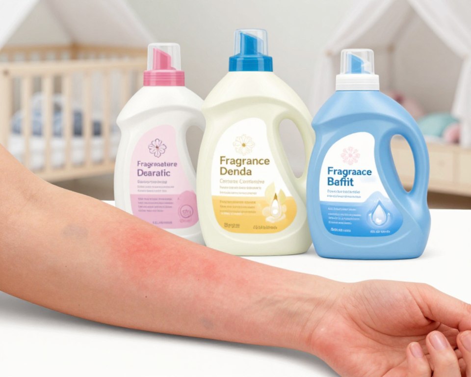 A visually compelling illustration reflecting the link between fragrances and contact dermatitis. In the foreground, a close-up of a human arm with visibly irritated skin, highlighted by inflamed patches and redness to represent contact dermatitis, with a subtle overlay of floral and synthetic fragrance elements in light pastel colors. In the middle ground, an array of laundry products, including bottles of fragrance-free deterrents and scented options, displayed side by side, contrasting their labels. In the background, a soft-focus nursery setting emphasizing safety, with gentle lighting to evoke a calm and reassuring atmosphere. The lens should be slightly tilted, capturing the essence of care associated with newborn environments. The mood should convey a blend of concern and awareness, emphasizing the importance of fragrance safety in household products. A visually compelling illustration reflecting the link between fragrances and contact dermatitis. In the foreground, a close-up of a human arm with visibly irritated skin, highlighted by inflamed patches and redness to represent contact dermatitis, with a subtle overlay of floral and synthetic fragrance elements in light pastel colors. In the middle ground, an array of laundry products, including bottles of fragrance-free deterrents and scented options, displayed side by side, contrasting their labels. In the background, a soft-focus nursery setting emphasizing safety, with gentle lighting to evoke a calm and reassuring atmosphere. The lens should be slightly tilted, capturing the essence of care associated with newborn environments. The mood should convey a blend of concern and awareness, emphasizing the importance of fragrance safety in household products.
