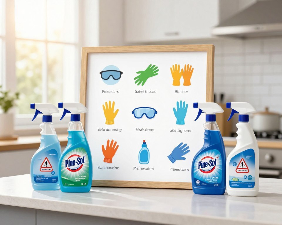A visually engaging and educational depiction of household cleaner safety tips. In the foreground, an organized countertop displays various household cleaners like bleach and Pine-Sol, each labeled with safety symbols. In the middle ground, a safety guide featuring icons of protective gear, such as gloves and goggles, elegantly arranged and vividly illustrated, emphasizes safe handling. The background shows a well-lit kitchen environment, with sunlight streaming through a window, creating a warm and inviting atmosphere. The use of a soft focus lens effect adds depth while keeping attention on the safety elements. The overall mood promotes awareness and caution in a clean, professional setting, ideal for educational purposes.