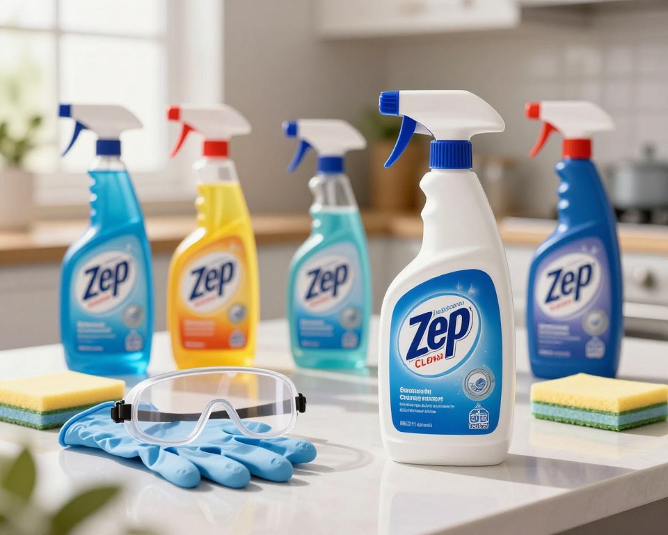 A visually engaging and informative illustration of Zep Cleaner safety tips, focusing on the chemical composition of Zep products. In the foreground, depict a bottle of Zep Cleaner prominently displayed, featuring clear labels that emphasize safety information, alongside a pair of nitrile gloves and goggles resting on a countertop. In the middle ground, create an organized workspace with various Zep product bottles, some open to showcase their vibrant colors and ingredients. The background should include a softly blurred kitchen environment, suggesting a home setting, with sunlight filtering through a window, casting gentle reflections on the cleaner bottles. The mood is educational and professional, reflecting a safe and clean atmosphere. Use bright, natural lighting to enhance the clarity and focus of the scene, emphasizing safety and attentiveness while using cleaning products. A visually engaging and informative illustration of Zep Cleaner safety tips, focusing on the chemical composition of Zep products. In the foreground, depict a bottle of Zep Cleaner prominently displayed, featuring clear labels that emphasize safety information, alongside a pair of nitrile gloves and goggles resting on a countertop. In the middle ground, create an organized workspace with various Zep product bottles, some open to showcase their vibrant colors and ingredients. The background should include a softly blurred kitchen environment, suggesting a home setting, with sunlight filtering through a window, casting gentle reflections on the cleaner bottles. The mood is educational and professional, reflecting a safe and clean atmosphere. Use bright, natural lighting to enhance the clarity and focus of the scene, emphasizing safety and attentiveness while using cleaning products.