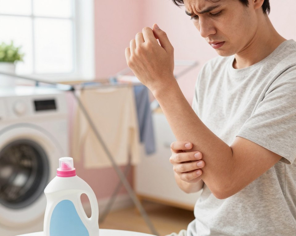 A visually engaging composition depicting a person in modest casual clothing, gently rubbing their forearm with a concerned expression, suggesting discomfort but without any visible rash. The foreground includes a bottle of laundry detergent and a washing machine, symbolizing the source of irritation. In the middle ground, a soft, blurred view of freshly laundered clothes hangs on a drying rack, enhancing the domestic atmosphere. The background features a well-lit laundry room with pastel-colored walls and natural light streaming in through a window, creating a warm, inviting mood. The scene should evoke a sense of curiosity and concern about the potential effects of laundry detergent on skin health, while maintaining a clean and safe presentation.