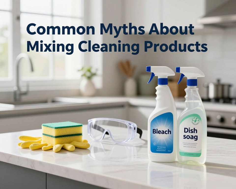 A visually engaging composition that illustrates the concept of "Common Myths About Mixing Cleaning Products." In the foreground, feature a clean, modern kitchen counter with two contrasting bottles: one labeled "Bleach" and the other labeled "Dish Soap," both sleek and identifiable. In the middle ground, include well-organized cleaning supplies like sponges, gloves, and safety goggles, arranged neatly to evoke a sense of order. The background should depict a bright, inviting kitchen space with soft, natural light streaming through a window, casting gentle shadows. Use a shallow depth of field to focus on the cleaning products, creating a calm and informative atmosphere, emphasizing safety and caution in cleaning practices. The overall mood should be educational and reassuring, encouraging safe cleaning methods. A visually engaging composition that illustrates the concept of "Common Myths About Mixing Cleaning Products." In the foreground, feature a clean, modern kitchen counter with two contrasting bottles: one labeled "Bleach" and the other labeled "Dish Soap," both sleek and identifiable. In the middle ground, include well-organized cleaning supplies like sponges, gloves, and safety goggles, arranged neatly to evoke a sense of order. The background should depict a bright, inviting kitchen space with soft, natural light streaming through a window, casting gentle shadows. Use a shallow depth of field to focus on the cleaning products, creating a calm and informative atmosphere, emphasizing safety and caution in cleaning practices. The overall mood should be educational and reassuring, encouraging safe cleaning methods.