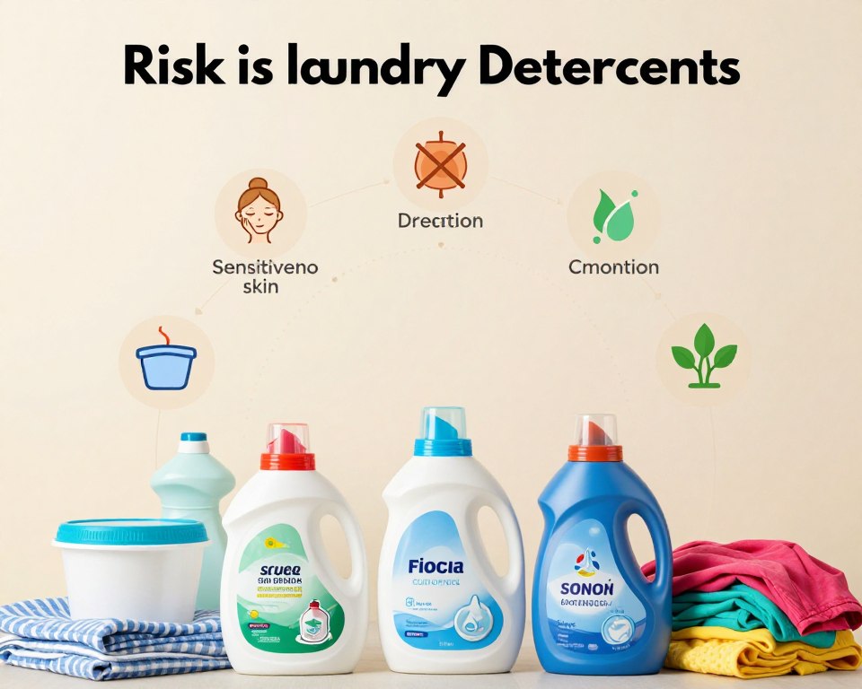 A visually engaging infographic-style image depicting various factors that increase the risk of developing a reaction to laundry detergents. In the foreground, prominently feature a diverse array of everyday items associated with laundry: boxes of detergent, fabric softeners, and colorful clothing. In the middle ground, include icons or symbols representing risk factors such as sensitive skin, allergies, and environmental pollutants, arranged in a way that conveys interconnectedness. The background should be a soft, neutral tone that allows the foreground elements to pop. Use warm, even lighting to create a welcoming atmosphere. The composition should be balanced and clear, perfect for educational purposes, without any text or distractions, inviting viewers to explore the risks visually. A visually engaging infographic-style image depicting various factors that increase the risk of developing a reaction to laundry detergents. In the foreground, prominently feature a diverse array of everyday items associated with laundry: boxes of detergent, fabric softeners, and colorful clothing. In the middle ground, include icons or symbols representing risk factors such as sensitive skin, allergies, and environmental pollutants, arranged in a way that conveys interconnectedness. The background should be a soft, neutral tone that allows the foreground elements to pop. Use warm, even lighting to create a welcoming atmosphere. The composition should be balanced and clear, perfect for educational purposes, without any text or distractions, inviting viewers to explore the risks visually.