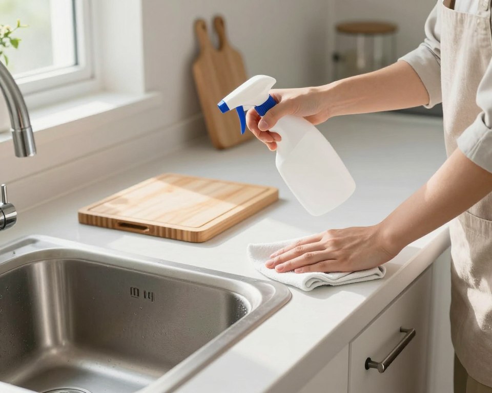 A visually engaging kitchen scene focused on the concept of home disinfection frequency. In the foreground, a neatly organized countertop featuring high-touch surfaces like a kitchen sink, cutting board, and door handles, all gleaming after being disinfected. In the middle ground, a person in professional attire attentively wipes down surfaces with a spray bottle and cloth, illustrating the integration of disinfection into daily chores. The background should showcase a clean, well-lit kitchen environment with soft natural light streaming in through a window, highlighting the importance of cleanliness. The mood is calm and proactive, emphasizing a sense of responsibility and health in maintaining a safe home. The composition should be taken from a slightly elevated angle, giving a clear perspective of the actions involved in regular disinfection practices. A visually engaging kitchen scene focused on the concept of home disinfection frequency. In the foreground, a neatly organized countertop featuring high-touch surfaces like a kitchen sink, cutting board, and door handles, all gleaming after being disinfected. In the middle ground, a person in professional attire attentively wipes down surfaces with a spray bottle and cloth, illustrating the integration of disinfection into daily chores. The background should showcase a clean, well-lit kitchen environment with soft natural light streaming in through a window, highlighting the importance of cleanliness. The mood is calm and proactive, emphasizing a sense of responsibility and health in maintaining a safe home. The composition should be taken from a slightly elevated angle, giving a clear perspective of the actions involved in regular disinfection practices.