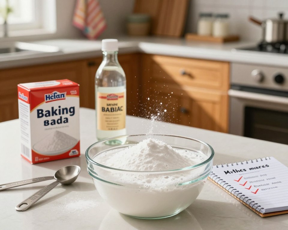 A visually engaging kitchen scene highlighting common myths about mixing baking soda and vinegar. In the foreground, a glass bowl filled with a bubbling, frothy mixture of baking soda and vinegar, with a slight overflow creating a playful reaction. The middle ground features neatly arranged ingredients: a box of baking soda and a bottle of vinegar, alongside a few measuring spoons and a notepad with crossed-out myths. The background shows a cozy, well-lit kitchen setting with warm wooden cabinets, colorful kitchen towels, and soft sunlight streaming through a window, casting gentle shadows. The overall mood is educational and light-hearted, inviting curiosity and exploration into the topic.