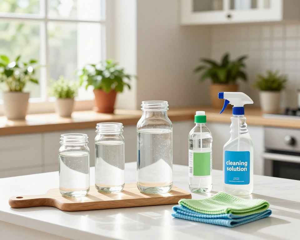 A visually engaging kitchen scene showcasing various DIY cleaning hacks. In the foreground, a well-organized table with clear glass jars filled with hydrogen peroxide and vinegar, along with a wooden cutting board, reusable cleaning cloths, and a spray bottle labeled "cleaning solution." The middle layer features bright natural light filtering through a window, casting soft shadows and illuminating potted herbs. In the background, a clean, modern kitchen setting with white cabinetry and green plants, creating a fresh and inviting atmosphere. The mood is cheerful and informative, emphasizing safe and effective cleaning practices without clutter. Use a balanced composition with a slightly elevated angle to capture the entire scene harmoniously. A visually engaging kitchen scene showcasing various DIY cleaning hacks. In the foreground, a well-organized table with clear glass jars filled with hydrogen peroxide and vinegar, along with a wooden cutting board, reusable cleaning cloths, and a spray bottle labeled "cleaning solution." The middle layer features bright natural light filtering through a window, casting soft shadows and illuminating potted herbs. In the background, a clean, modern kitchen setting with white cabinetry and green plants, creating a fresh and inviting atmosphere. The mood is cheerful and informative, emphasizing safe and effective cleaning practices without clutter. Use a balanced composition with a slightly elevated angle to capture the entire scene harmoniously.