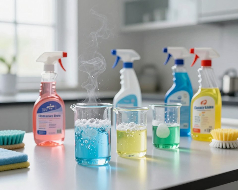 A visually engaging laboratory scene depicting a comparison of chemical reactions using common cleaning agents like hydrogen peroxide and vinegar. In the foreground, vivid glass beakers filled with bubbling, colorful liquids are shown, demonstrating the reactions. Bubbles and subtle vapors rise, illustrating interaction between the agents. In the middle ground, a gleaming countertop displays cleaning supplies, including spray bottles and scrub brushes. The background features a bright, modern kitchen setting with natural light pouring in through a window, enhancing the cleanliness of the space. A focused, analytical atmosphere is created through soft, diffused lighting, highlighting the scientific process of cleaning efficacy. The composition should emphasize the dynamic interplay of colors and bubbles, evoking curiosity and clarity around chemical reactions in cleaning. A visually engaging laboratory scene depicting a comparison of chemical reactions using common cleaning agents like hydrogen peroxide and vinegar. In the foreground, vivid glass beakers filled with bubbling, colorful liquids are shown, demonstrating the reactions. Bubbles and subtle vapors rise, illustrating interaction between the agents. In the middle ground, a gleaming countertop displays cleaning supplies, including spray bottles and scrub brushes. The background features a bright, modern kitchen setting with natural light pouring in through a window, enhancing the cleanliness of the space. A focused, analytical atmosphere is created through soft, diffused lighting, highlighting the scientific process of cleaning efficacy. The composition should emphasize the dynamic interplay of colors and bubbles, evoking curiosity and clarity around chemical reactions in cleaning.