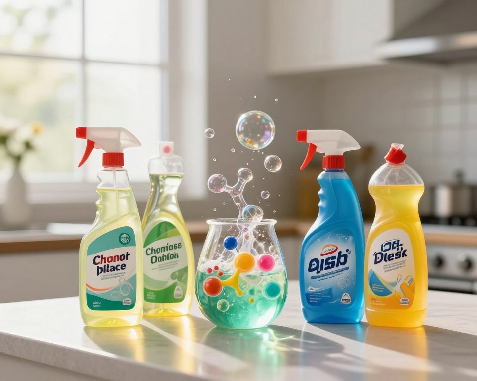 A visually engaging scene depicting the chemistry of household cleaners, showcasing a colorful array of cleaning products elegantly arranged on a kitchen countertop. In the foreground, a bottle of bleach and a bottle of dish soap, both labeled with clear, safe symbols. In the middle, vibrant bubbles rise and mix, symbolizing chemical reactions, with colorful visual representations of molecules subtly illustrated within the bubbles. The background features a softly lit kitchen environment with a window allowing gentle sunlight to illuminate the scene, casting warm reflections on the countertop. The atmosphere is educational and inviting, encouraging curiosity about household chemistry without any people present. A clean, professional aesthetic, emphasizing safety and scientific inquiry. A visually engaging scene depicting the chemistry of household cleaners, showcasing a colorful array of cleaning products elegantly arranged on a kitchen countertop. In the foreground, a bottle of bleach and a bottle of dish soap, both labeled with clear, safe symbols. In the middle, vibrant bubbles rise and mix, symbolizing chemical reactions, with colorful visual representations of molecules subtly illustrated within the bubbles. The background features a softly lit kitchen environment with a window allowing gentle sunlight to illuminate the scene, casting warm reflections on the countertop. The atmosphere is educational and inviting, encouraging curiosity about household chemistry without any people present. A clean, professional aesthetic, emphasizing safety and scientific inquiry.