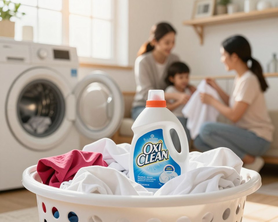 A visually engaging split-scene image illustrating the safety of OxiClean in laundry. In the foreground, a laundry basket filled with freshly washed white clothes, some displaying vibrant colors, conveys cleanliness. A bottle of OxiClean is prominently featured, with an emphasis on its packaging design. In the middle ground, a warm, inviting laundry room showcases a washing machine and a window letting in soft, natural sunlight, creating a bright atmosphere. In the background, a view of a family happily doing laundry, dressed in modest casual clothing, implies a safe environment. Use a soft focus effect to enhance the warmth of the scene, with golden hour lighting that adds a comforting feel. Aim for a harmonious composition that represents cleanliness, safety, and domestic cohabitation. A visually engaging split-scene image illustrating the safety of OxiClean in laundry. In the foreground, a laundry basket filled with freshly washed white clothes, some displaying vibrant colors, conveys cleanliness. A bottle of OxiClean is prominently featured, with an emphasis on its packaging design. In the middle ground, a warm, inviting laundry room showcases a washing machine and a window letting in soft, natural sunlight, creating a bright atmosphere. In the background, a view of a family happily doing laundry, dressed in modest casual clothing, implies a safe environment. Use a soft focus effect to enhance the warmth of the scene, with golden hour lighting that adds a comforting feel. Aim for a harmonious composition that represents cleanliness, safety, and domestic cohabitation.