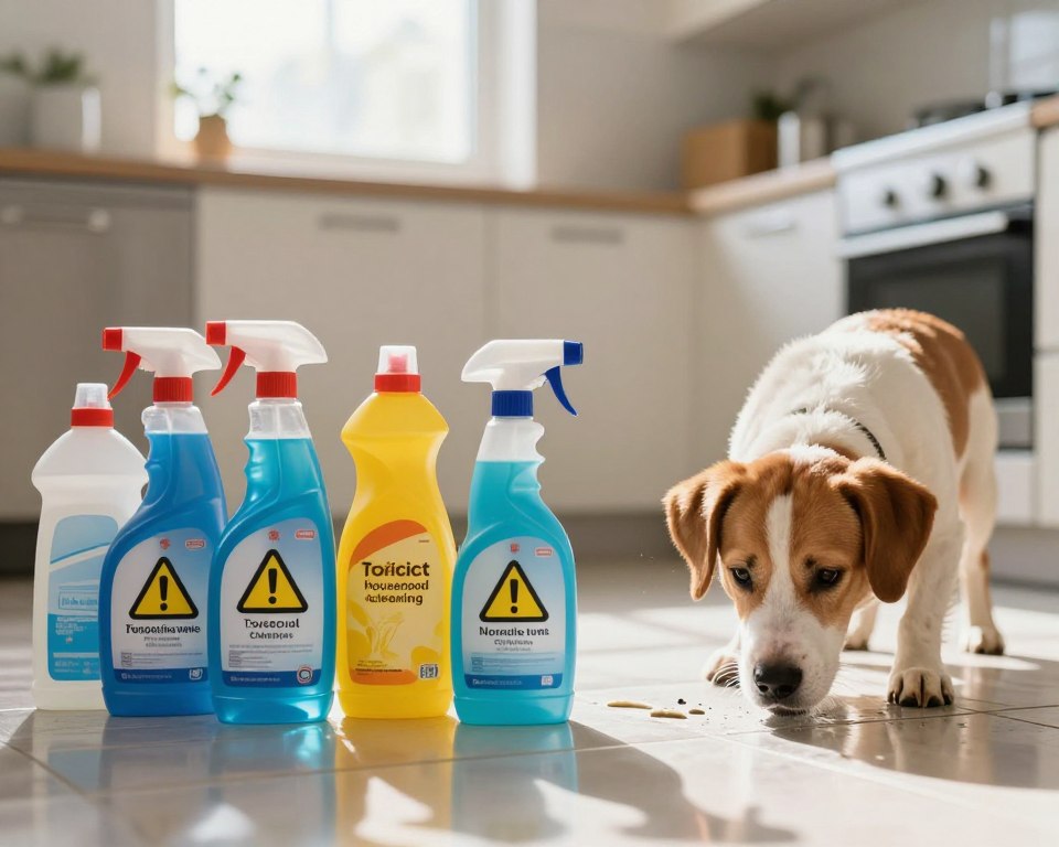 A visually impactful representation of common household cleaning agents and their toxicity. In the foreground, an array of brightly colored cleaning bottles labeled with warning symbols, exhibiting a range of toxic household chemicals like bleach and ammonia. The middle ground features a shiny, freshly cleaned tile floor reflecting the product labels, with a concerned dog cautiously sniffing the surface. The background should show a blurred kitchen setting with sunlight streaming through a window, casting warm light but also creating a feeling of unease. The atmosphere should be tense yet informative, emphasizing the potential danger these cleaning agents pose to pets. Use a shallow depth of field to focus on the foreground, enhancing the visual impact. A visually impactful representation of common household cleaning agents and their toxicity. In the foreground, an array of brightly colored cleaning bottles labeled with warning symbols, exhibiting a range of toxic household chemicals like bleach and ammonia. The middle ground features a shiny, freshly cleaned tile floor reflecting the product labels, with a concerned dog cautiously sniffing the surface. The background should show a blurred kitchen setting with sunlight streaming through a window, casting warm light but also creating a feeling of unease. The atmosphere should be tense yet informative, emphasizing the potential danger these cleaning agents pose to pets. Use a shallow depth of field to focus on the foreground, enhancing the visual impact.