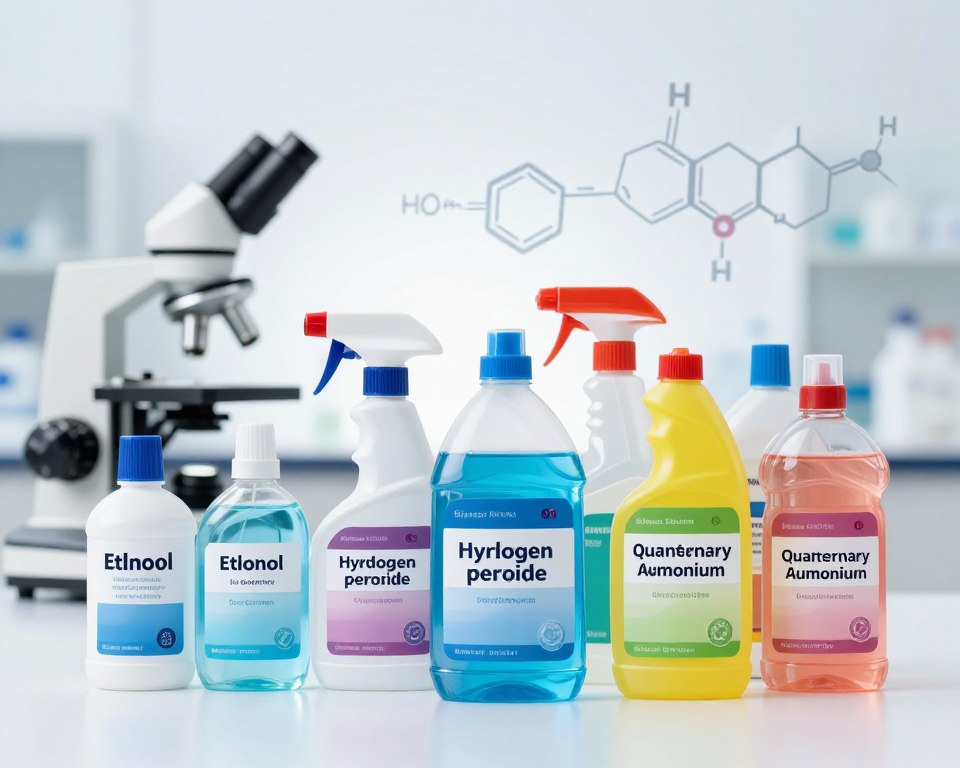 A visually informative composition showcasing the active ingredients in common disinfectants arranged on a clean, sterile surface. In the foreground, various colorful disinfectant bottles are labeled clearly with ingredients like ethanol, hydrogen peroxide, and quaternary ammonium compounds prominently displayed. The middle section features a microscope and chemical structures, subtly hinting at their scientific nature. The background includes a faint outline of a laboratory setting with soft, diffused lighting that creates an inviting mood for learning. Wide-angle perspective, focusing on the products while maintaining clarity on details. The overall atmosphere is educational and professional, emphasizing safety and understanding in sanitation practices.