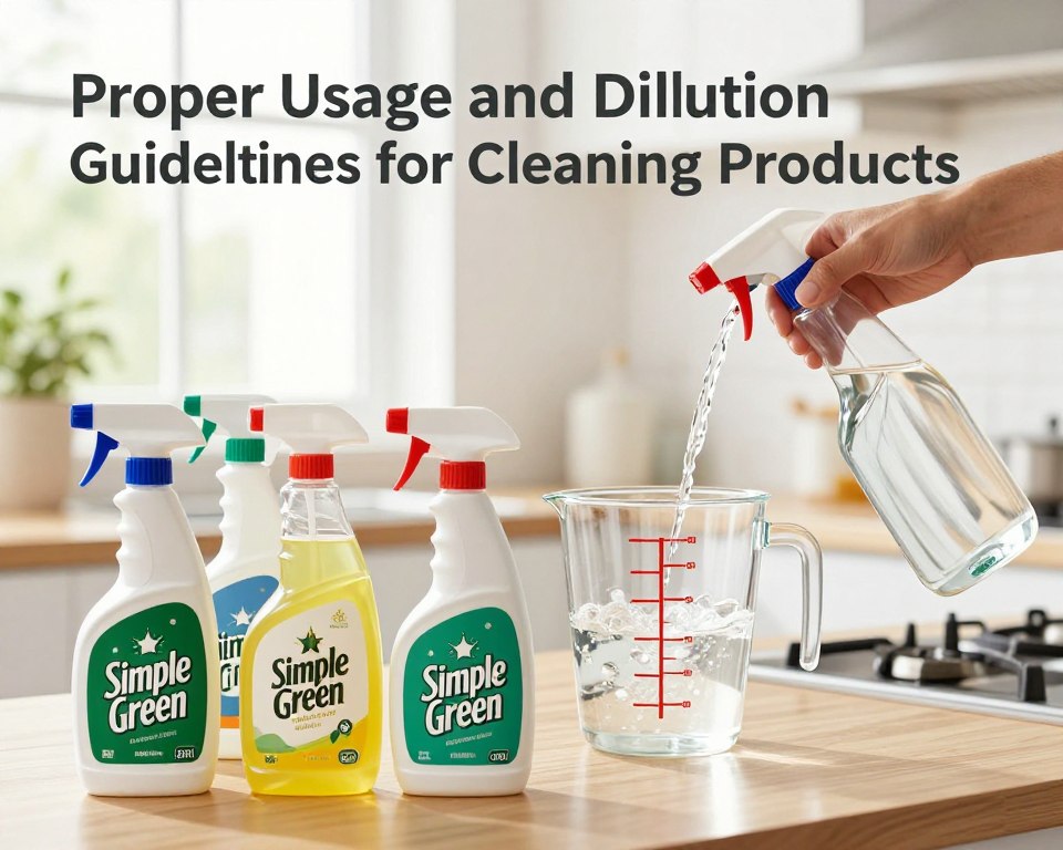 A visually informative graphic illustrating "Proper Usage and Dilution Guidelines for Cleaning Products." In the foreground, a neatly organized display of cleaning product bottles, including Simple Green, with clearly labeled measurement guidelines. The middle ground features a measuring cup and spray bottle, demonstrating the proper dilution process with liquid flowing from the cup into the bottle. The background showcases a clean and bright kitchen environment with natural light streaming through a window, creating a fresh and inviting atmosphere. The scene conveys a sense of cleanliness and safety, emphasizing responsible usage of cleaning products. Use a warm color palette to evoke a sense of comfort and reliability, with soft focus and balanced composition. A visually informative graphic illustrating "Proper Usage and Dilution Guidelines for Cleaning Products." In the foreground, a neatly organized display of cleaning product bottles, including Simple Green, with clearly labeled measurement guidelines. The middle ground features a measuring cup and spray bottle, demonstrating the proper dilution process with liquid flowing from the cup into the bottle. The background showcases a clean and bright kitchen environment with natural light streaming through a window, creating a fresh and inviting atmosphere. The scene conveys a sense of cleanliness and safety, emphasizing responsible usage of cleaning products. Use a warm color palette to evoke a sense of comfort and reliability, with soft focus and balanced composition.