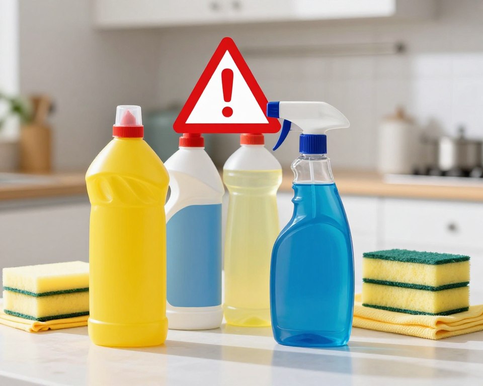 A visually striking arrangement of common household cleaning products, distinctly labeled in vibrant colors but without text. In the foreground, a bright yellow bottle of ammonia and a blue spray bottle of window cleaner, depicted as if they are about to be mixed, symbolize the danger of combining cleaning agents. The middle ground features bottles of bleach and vinegar, with a red warning symbol hovering above them, hinting at hazardous reactions. The background shows a softly lit kitchen counter with neatly arranged sponges and cloths, creating a clean, domestic atmosphere. The lighting is bright and natural, casting soft shadows, while a blurred depth of field draws focus to the danger of mixing these substances. The overall mood is informative yet cautionary, evoking awareness about safety in household cleaning. A visually striking arrangement of common household cleaning products, distinctly labeled in vibrant colors but without text. In the foreground, a bright yellow bottle of ammonia and a blue spray bottle of window cleaner, depicted as if they are about to be mixed, symbolize the danger of combining cleaning agents. The middle ground features bottles of bleach and vinegar, with a red warning symbol hovering above them, hinting at hazardous reactions. The background shows a softly lit kitchen counter with neatly arranged sponges and cloths, creating a clean, domestic atmosphere. The lighting is bright and natural, casting soft shadows, while a blurred depth of field draws focus to the danger of mixing these substances. The overall mood is informative yet cautionary, evoking awareness about safety in household cleaning.