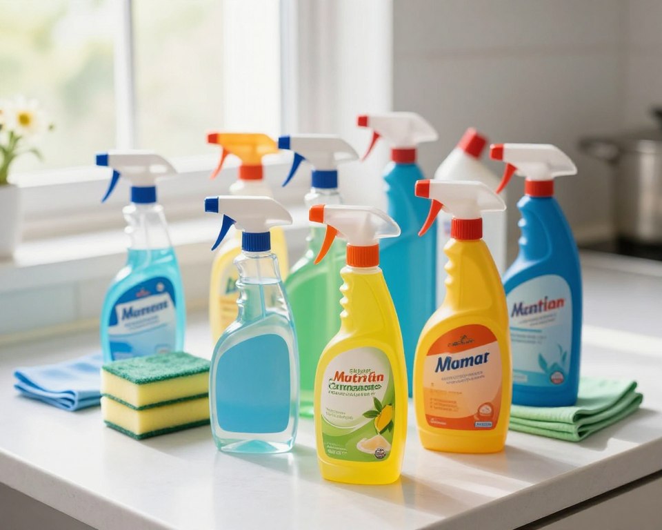 A visually striking arrangement of various household cleaning products, including glass cleaner, multi-surface cleaner, and disinfectant, set on a bright, clean kitchen countertop. In the foreground, focus on colorful spray bottles, each labeled with vibrant, distinct colors. The middle ground features an array of sponges, cloths, and a spray nozzle, carefully arranged to create depth. The background showcases a sunlit window with soft, natural light illuminating the scene, casting gentle shadows. The overall mood is fresh and inviting, emphasizing cleanliness and safety in household chemistry. Capture this image with a slight top-down angle, using a soft focus, to enhance the clarity of the products while maintaining a cozy atmosphere. The scene should be uncluttered, with no text or distractions. A visually striking arrangement of various household cleaning products, including glass cleaner, multi-surface cleaner, and disinfectant, set on a bright, clean kitchen countertop. In the foreground, focus on colorful spray bottles, each labeled with vibrant, distinct colors. The middle ground features an array of sponges, cloths, and a spray nozzle, carefully arranged to create depth. The background showcases a sunlit window with soft, natural light illuminating the scene, casting gentle shadows. The overall mood is fresh and inviting, emphasizing cleanliness and safety in household chemistry. Capture this image with a slight top-down angle, using a soft focus, to enhance the clarity of the products while maintaining a cozy atmosphere. The scene should be uncluttered, with no text or distractions.
