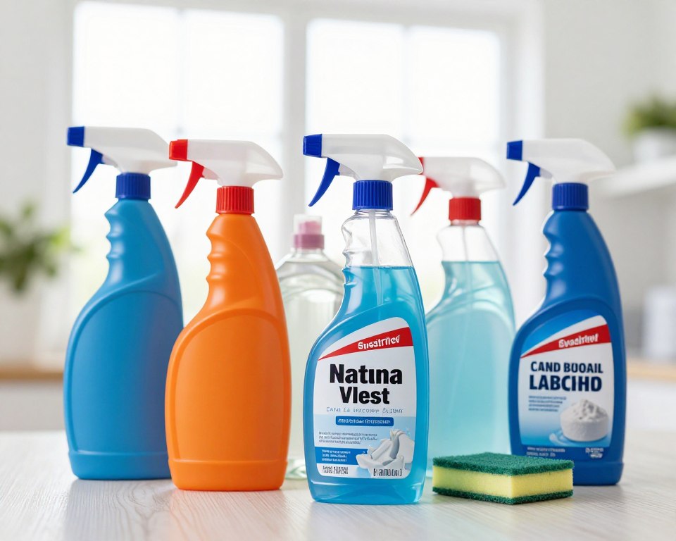 A visually striking composition depicting various cleaning products that are typically advised against for individuals with asthma. In the foreground, a collection of brightly colored aerosol sprays, bleach, and heavily labeled chemical cleaners, some partially used, showcasing their warning labels prominently. In the middle ground, a soft-focus representation of natural cleaning alternatives like vinegar and baking soda can be seen, hinting at healthier options. The background features a subtle blurred image of a home environment, with an open window letting in natural light, creating a fresh and airy atmosphere. The lighting is bright, emphasizing the contrast between harmful and safer products. The mood is informative and cautionary, aiming to educate without alarm. The angle is slightly tilted downwards, focusing on the products while maintaining a clean, organized look.