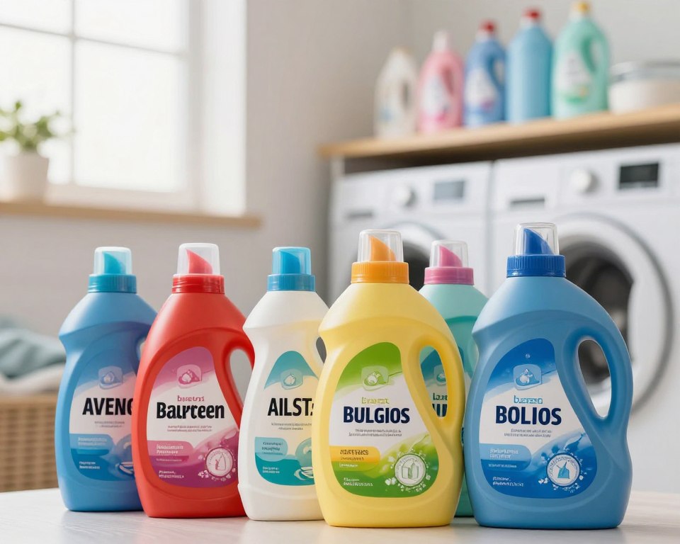 A visually striking composition showcasing common chemical culprits found in laundry products. In the foreground, display an array of recognizable laundry detergent bottles and packaging, featuring vibrant colors and labels with symbols indicating common allergens like fragrances, phosphates, and dyes. In the middle ground, a clean, modern laundry room setting with neatly arranged shelves filled with fabric softeners and stain removers. The background includes a window letting in soft, diffused natural light, creating a warm and inviting atmosphere. Use a macro lens to highlight the textures and details of the products while maintaining a shallow depth of field, ensuring a clear focus on the detergent bottles. The overall mood should be informative yet engaging, aimed at educating the viewer about potential allergens in laundry products. A visually striking composition showcasing common chemical culprits found in laundry products. In the foreground, display an array of recognizable laundry detergent bottles and packaging, featuring vibrant colors and labels with symbols indicating common allergens like fragrances, phosphates, and dyes. In the middle ground, a clean, modern laundry room setting with neatly arranged shelves filled with fabric softeners and stain removers. The background includes a window letting in soft, diffused natural light, creating a warm and inviting atmosphere. Use a macro lens to highlight the textures and details of the products while maintaining a shallow depth of field, ensuring a clear focus on the detergent bottles. The overall mood should be informative yet engaging, aimed at educating the viewer about potential allergens in laundry products.