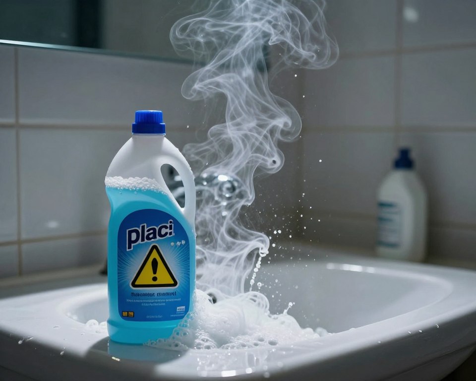 A visually striking depiction of a hazardous chemical reaction taking place in a bathroom setting. In the foreground, a bottle of bleach and a bottle of toilet bowl cleaner are shown with caution symbols, their contents beginning to bubble and emit fumes that swirl ominously. The middle ground features a bathroom sink and tiles reflecting the incident, with droplets of the bubbling mixture splattering around. In the background, there are faint outlines of bathroom accessories, slightly out of focus to emphasize the reaction. The lighting is stark and clinical, casting sharp shadows that enhance the urgency of the scene. The overall atmosphere is tense and cautionary, invoking a sense of danger and the importance of chemical safety. A visually striking depiction of a hazardous chemical reaction taking place in a bathroom setting. In the foreground, a bottle of bleach and a bottle of toilet bowl cleaner are shown with caution symbols, their contents beginning to bubble and emit fumes that swirl ominously. The middle ground features a bathroom sink and tiles reflecting the incident, with droplets of the bubbling mixture splattering around. In the background, there are faint outlines of bathroom accessories, slightly out of focus to emphasize the reaction. The lighting is stark and clinical, casting sharp shadows that enhance the urgency of the scene. The overall atmosphere is tense and cautionary, invoking a sense of danger and the importance of chemical safety.