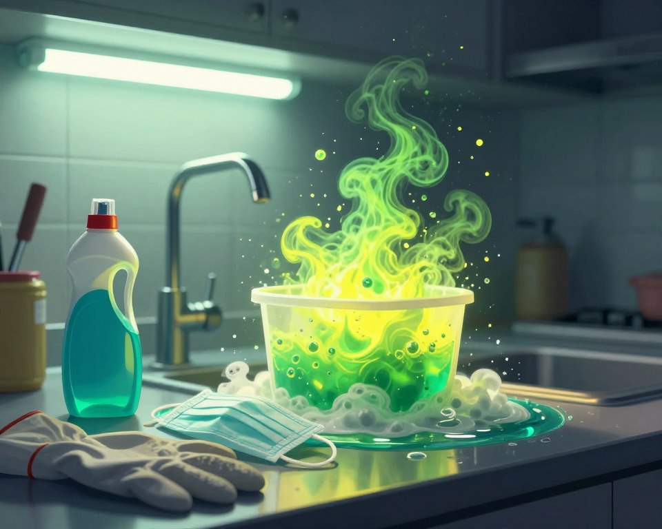 A visually striking, detailed illustration depicting the harmful effects of mixing bleach and dish soap. In the foreground, a pair of gloves and a face mask lie on a counter next to an overflowing container of toxic, bubbling fluid. The middle ground features a close-up of the chaotic mixture reacting violently, with vibrant green and yellow fumes rising ominously. In the background, a kitchen scene is partially visible, illuminated by harsh, fluorescent lighting casting stark shadows, enhancing the sense of danger. Capture the mood of alarm and caution, aligning with the theme of immediate health risks and symptoms from chemical reactions. Use a shallow depth of field to focus on the bubbling mixture while blurring the surroundings for dramatic effect. A visually striking, detailed illustration depicting the harmful effects of mixing bleach and dish soap. In the foreground, a pair of gloves and a face mask lie on a counter next to an overflowing container of toxic, bubbling fluid. The middle ground features a close-up of the chaotic mixture reacting violently, with vibrant green and yellow fumes rising ominously. In the background, a kitchen scene is partially visible, illuminated by harsh, fluorescent lighting casting stark shadows, enhancing the sense of danger. Capture the mood of alarm and caution, aligning with the theme of immediate health risks and symptoms from chemical reactions. Use a shallow depth of field to focus on the bubbling mixture while blurring the surroundings for dramatic effect.