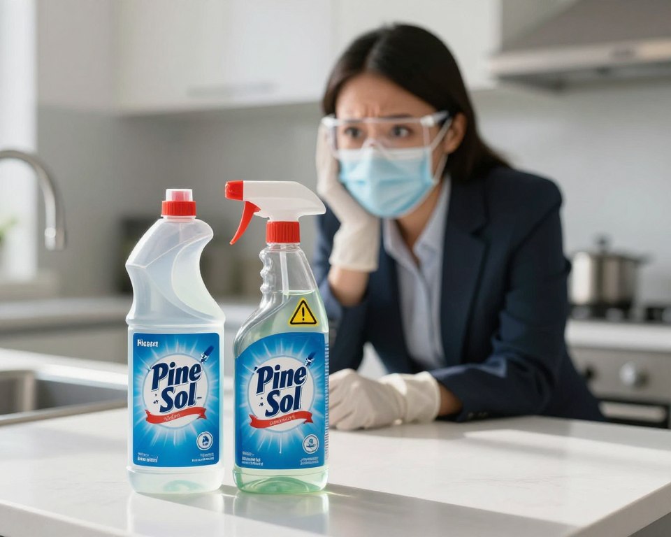 A visually striking illustration depicting the dangers of mixing bleach and Pine-Sol. In the foreground, a pair of clear, labeled bottles of bleach and Pine-Sol are ominously placed next to a warning symbol, highlighting the potential for toxic chemical reactions. In the middle ground, a blurred image of a concerned person, dressed in professional attire, wearing gloves and a safety mask, gazes anxiously at the bottles. The background features a brightly lit kitchen with a clean countertop, amplifying the stark contrast between cleanliness and danger. The overall atmosphere is tense but informative, with natural lighting casting gentle shadows, symbolizing the hidden risks of combining these products. The angle of the shot is slightly overhead, creating a sense of urgency. A visually striking illustration depicting the dangers of mixing bleach and Pine-Sol. In the foreground, a pair of clear, labeled bottles of bleach and Pine-Sol are ominously placed next to a warning symbol, highlighting the potential for toxic chemical reactions. In the middle ground, a blurred image of a concerned person, dressed in professional attire, wearing gloves and a safety mask, gazes anxiously at the bottles. The background features a brightly lit kitchen with a clean countertop, amplifying the stark contrast between cleanliness and danger. The overall atmosphere is tense but informative, with natural lighting casting gentle shadows, symbolizing the hidden risks of combining these products. The angle of the shot is slightly overhead, creating a sense of urgency.