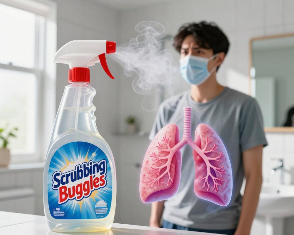 A visually striking illustration depicting the inhalation risks of bathroom cleaners, particularly focusing on Scrubbing Bubbles. In the foreground, a translucent bottle of Scrubbing Bubbles with a spray nozzle is prominently displayed, its contents swirling with vibrant fumes in the shape of human lungs, representing the interaction with the respiratory system. In the middle ground, a person wearing modest casual clothing stands thoughtfully, wearing a protective mask, with a concerned expression, gazing toward the fumes. The background features a bright, clean bathroom setting with tiles and natural light streaming through a window, casting soft shadows that enhance the atmosphere of caution. The image evokes a sense of awareness and safety, highlighting the potential dangers of inhalation in a visually engaging manner. A visually striking illustration depicting the inhalation risks of bathroom cleaners, particularly focusing on Scrubbing Bubbles. In the foreground, a translucent bottle of Scrubbing Bubbles with a spray nozzle is prominently displayed, its contents swirling with vibrant fumes in the shape of human lungs, representing the interaction with the respiratory system. In the middle ground, a person wearing modest casual clothing stands thoughtfully, wearing a protective mask, with a concerned expression, gazing toward the fumes. The background features a bright, clean bathroom setting with tiles and natural light streaming through a window, casting soft shadows that enhance the atmosphere of caution. The image evokes a sense of awareness and safety, highlighting the potential dangers of inhalation in a visually engaging manner.