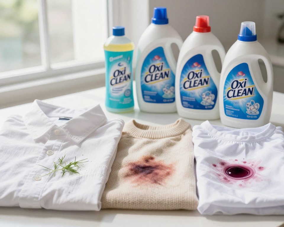A visually striking image depicting the effects of OxiClean on various fabric types. In the foreground, show three samples of fabric: a cotton shirt, a wool sweater, and a polyester blend, each stained with common laundry marks like grass, wine, and grease. The middle ground features OxiClean products, bottles and powder, arranged aesthetically. In the background, soft natural lighting streams in through a window, illuminating the fabrics and creating gentle shadows for depth. Capture the textures of the fabrics clearly, highlighting the contrast between the clean and stained areas. The overall mood should be clean and inviting, showcasing the effectiveness of OxiClean in a professional and engaging manner. A visually striking image depicting the effects of OxiClean on various fabric types. In the foreground, show three samples of fabric: a cotton shirt, a wool sweater, and a polyester blend, each stained with common laundry marks like grass, wine, and grease. The middle ground features OxiClean products, bottles and powder, arranged aesthetically. In the background, soft natural lighting streams in through a window, illuminating the fabrics and creating gentle shadows for depth. Capture the textures of the fabrics clearly, highlighting the contrast between the clean and stained areas. The overall mood should be clean and inviting, showcasing the effectiveness of OxiClean in a professional and engaging manner.