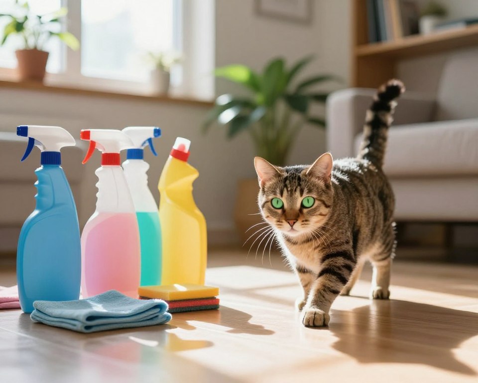 A visually striking image featuring a cozy living room scene with freshly cleaned floors. In the foreground, a curious tabby cat with bright green eyes cautiously steps onto a glossy surface, while around it, various colorful cleaning products like sprays, bottles, and cloths are neatly arranged. In the middle ground, a sunbeam filters through a window, casting warm light and creating soft shadows, enhancing the vibrant colors of the cleaning products. The background features potted plants and a bookshelf, adding a sense of homeliness to the setting. The overall mood conveys caution and curiosity, reflecting the potential dangers of cleaning chemicals in a domestic environment. The composition should focus on the interaction between the cat and the products, with an inviting and serene atmosphere. A visually striking image featuring a cozy living room scene with freshly cleaned floors. In the foreground, a curious tabby cat with bright green eyes cautiously steps onto a glossy surface, while around it, various colorful cleaning products like sprays, bottles, and cloths are neatly arranged. In the middle ground, a sunbeam filters through a window, casting warm light and creating soft shadows, enhancing the vibrant colors of the cleaning products. The background features potted plants and a bookshelf, adding a sense of homeliness to the setting. The overall mood conveys caution and curiosity, reflecting the potential dangers of cleaning chemicals in a domestic environment. The composition should focus on the interaction between the cat and the products, with an inviting and serene atmosphere.