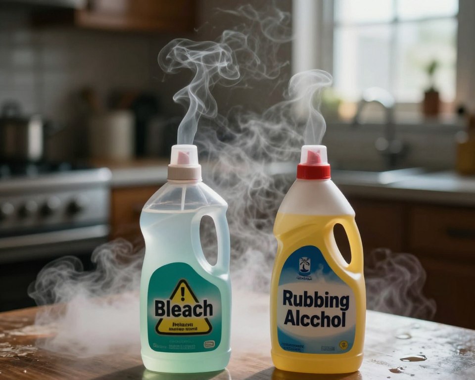 A visually striking image illustrating the dangers of mixing bleach and rubbing alcohol. In the foreground, depict a pair of open cleaning product bottles, one labeled 'Bleach' with a warning symbol, the other 'Rubbing Alcohol,' both appearing slightly overfilled, with dangerous fumes rising above them. In the middle ground, include a hazy, cloud-like mixture of toxic gas, creating a sense of unease. The background should be a cluttered kitchen environment, with sunlight filtering through a window, casting dramatic shadows that enhance the mood of danger and urgency. Use a close-up perspective with a shallow depth of field to focus sharply on the bottles, while the background blurs subtly, drawing the viewer's attention to the risks involved. The overall atmosphere should be tense and foreboding, conveying the seriousness of mixing these substances. A visually striking image illustrating the dangers of mixing bleach and rubbing alcohol. In the foreground, depict a pair of open cleaning product bottles, one labeled 'Bleach' with a warning symbol, the other 'Rubbing Alcohol,' both appearing slightly overfilled, with dangerous fumes rising above them. In the middle ground, include a hazy, cloud-like mixture of toxic gas, creating a sense of unease. The background should be a cluttered kitchen environment, with sunlight filtering through a window, casting dramatic shadows that enhance the mood of danger and urgency. Use a close-up perspective with a shallow depth of field to focus sharply on the bottles, while the background blurs subtly, drawing the viewer's attention to the risks involved. The overall atmosphere should be tense and foreboding, conveying the seriousness of mixing these substances.