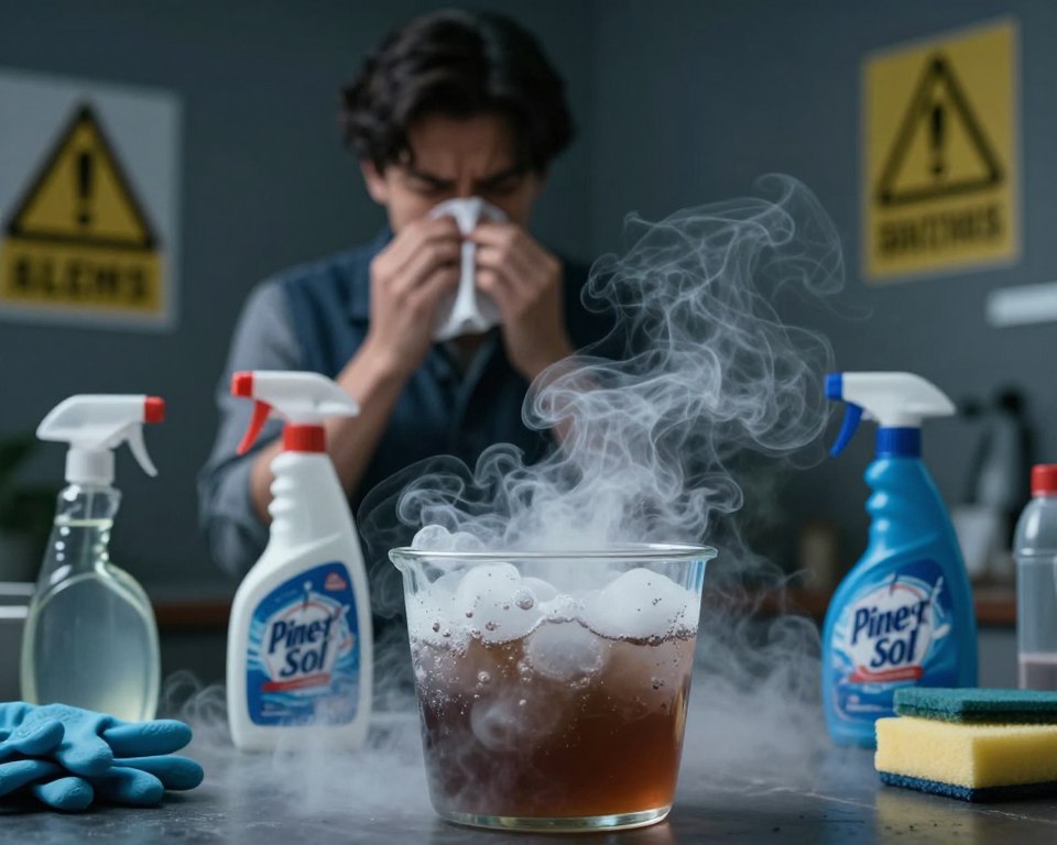 A visually striking image illustrating the health risks of mixing bleach and Pine-Sol. In the foreground, a bubbling, ominous mixture of the two cleaning agents is depicted in glass containers, with wisps of toxic fumes swirling upwards, rendered in dark, smog-like colors. The middle ground features a concerned individual in professional attire, holding their nose in distress, surrounded by caution symbols and warning signs, created with a slightly blurred effect to emphasize urgency. In the background, a dimly lit room showcases typical household cleaning items, such as gloves and sponges. The lighting is dramatic, with stark contrasts highlighting the billowing fumes, creating an atmosphere of danger and caution. The angle is slightly tilted, enhancing the sense of unease and drawing the viewer's focus to the central theme of toxicity. A visually striking image illustrating the health risks of mixing bleach and Pine-Sol. In the foreground, a bubbling, ominous mixture of the two cleaning agents is depicted in glass containers, with wisps of toxic fumes swirling upwards, rendered in dark, smog-like colors. The middle ground features a concerned individual in professional attire, holding their nose in distress, surrounded by caution symbols and warning signs, created with a slightly blurred effect to emphasize urgency. In the background, a dimly lit room showcases typical household cleaning items, such as gloves and sponges. The lighting is dramatic, with stark contrasts highlighting the billowing fumes, creating an atmosphere of danger and caution. The angle is slightly tilted, enhancing the sense of unease and drawing the viewer's focus to the central theme of toxicity.